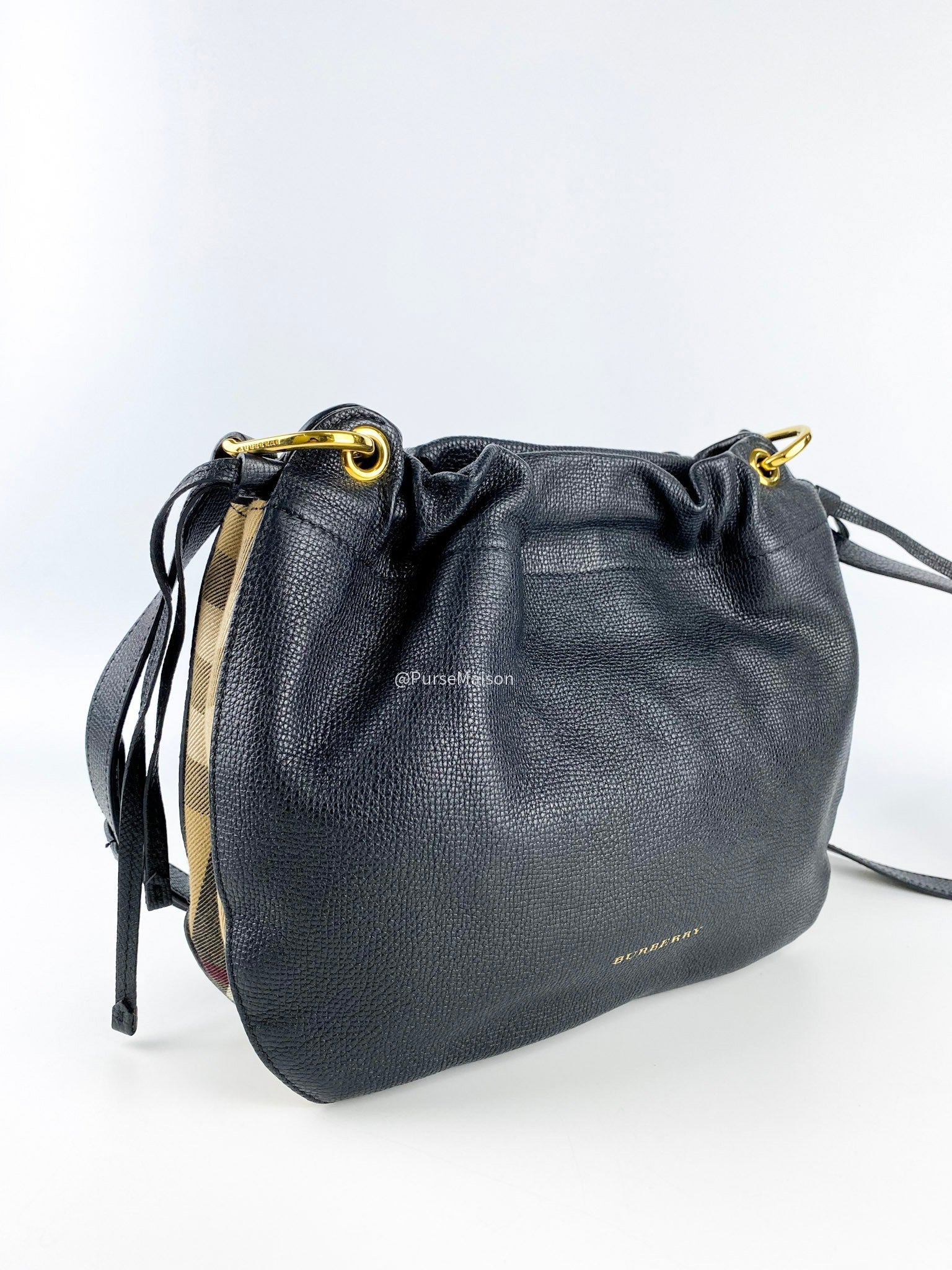 Burberry Black Leather House Check Canvas Small Bingley Bucket Bag