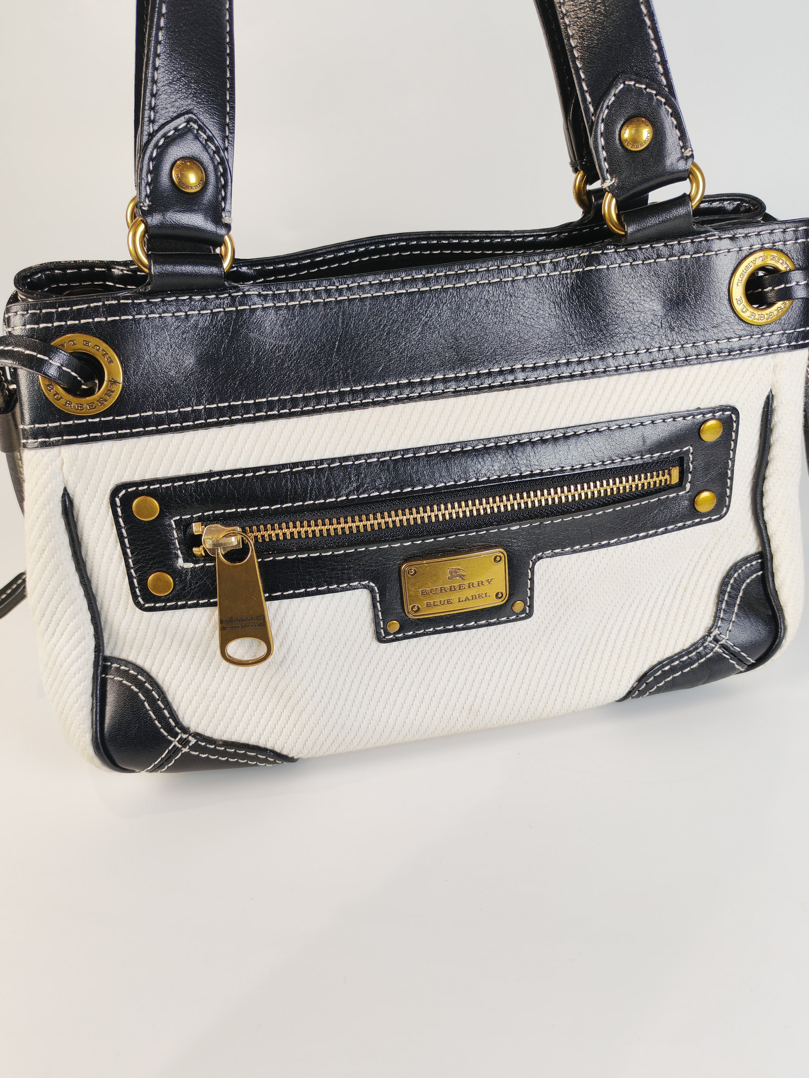 Burberry Blue Label Tote Bag in White Canvas with Black Leather Trim