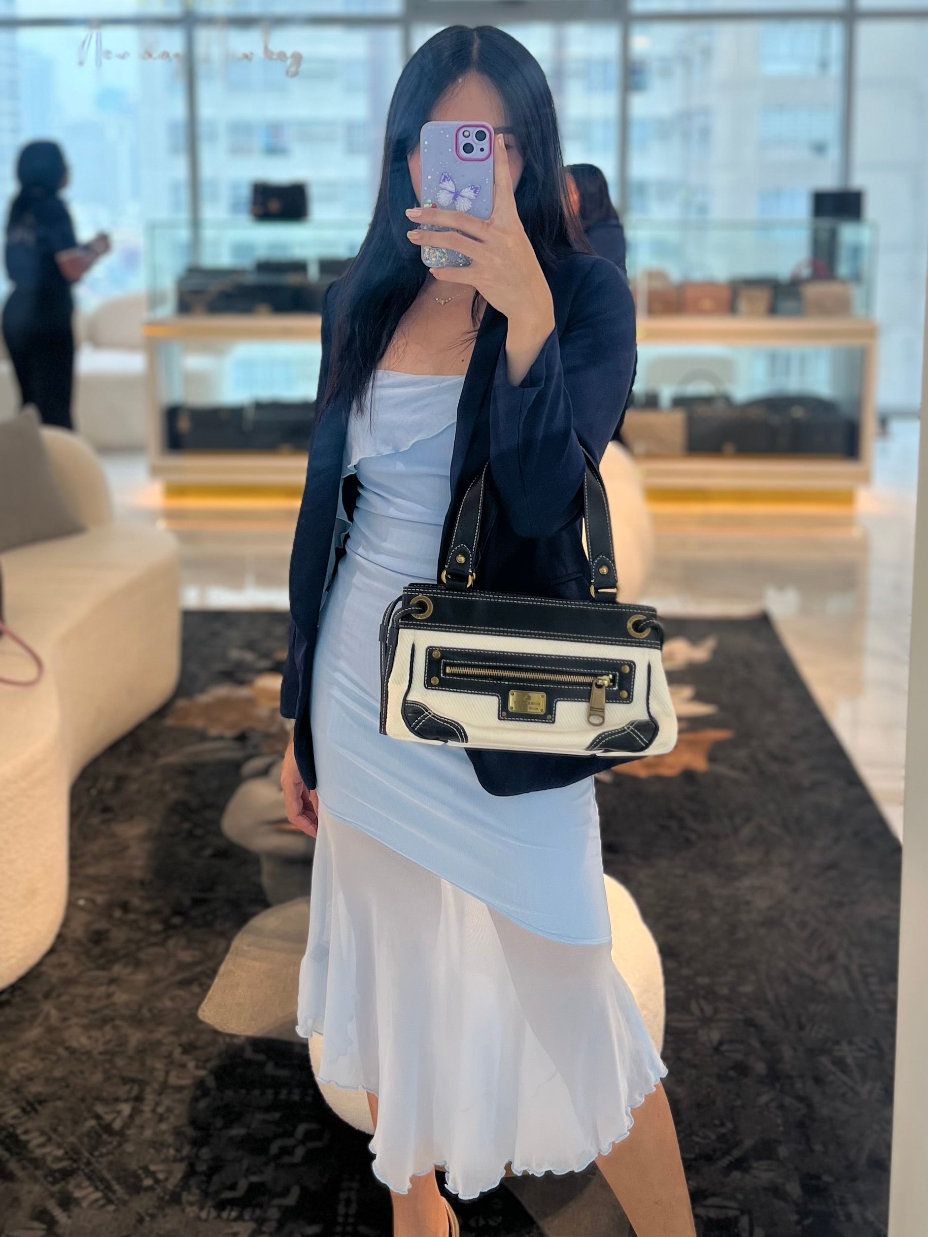 Blue Label Tote Bag in White Canvas with Black Leather Trim | Purse Maison Luxury Bags Shop