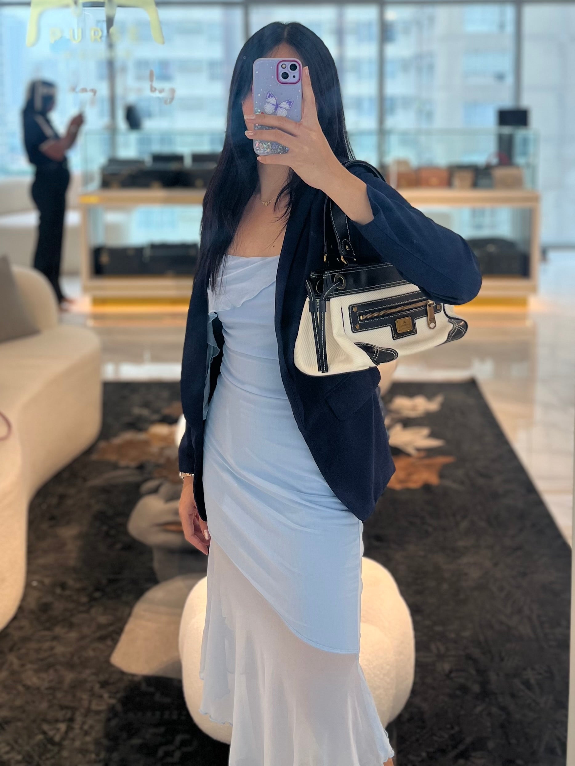 Blue Label Tote Bag in White Canvas with Black Leather Trim | Purse Maison Luxury Bags Shop