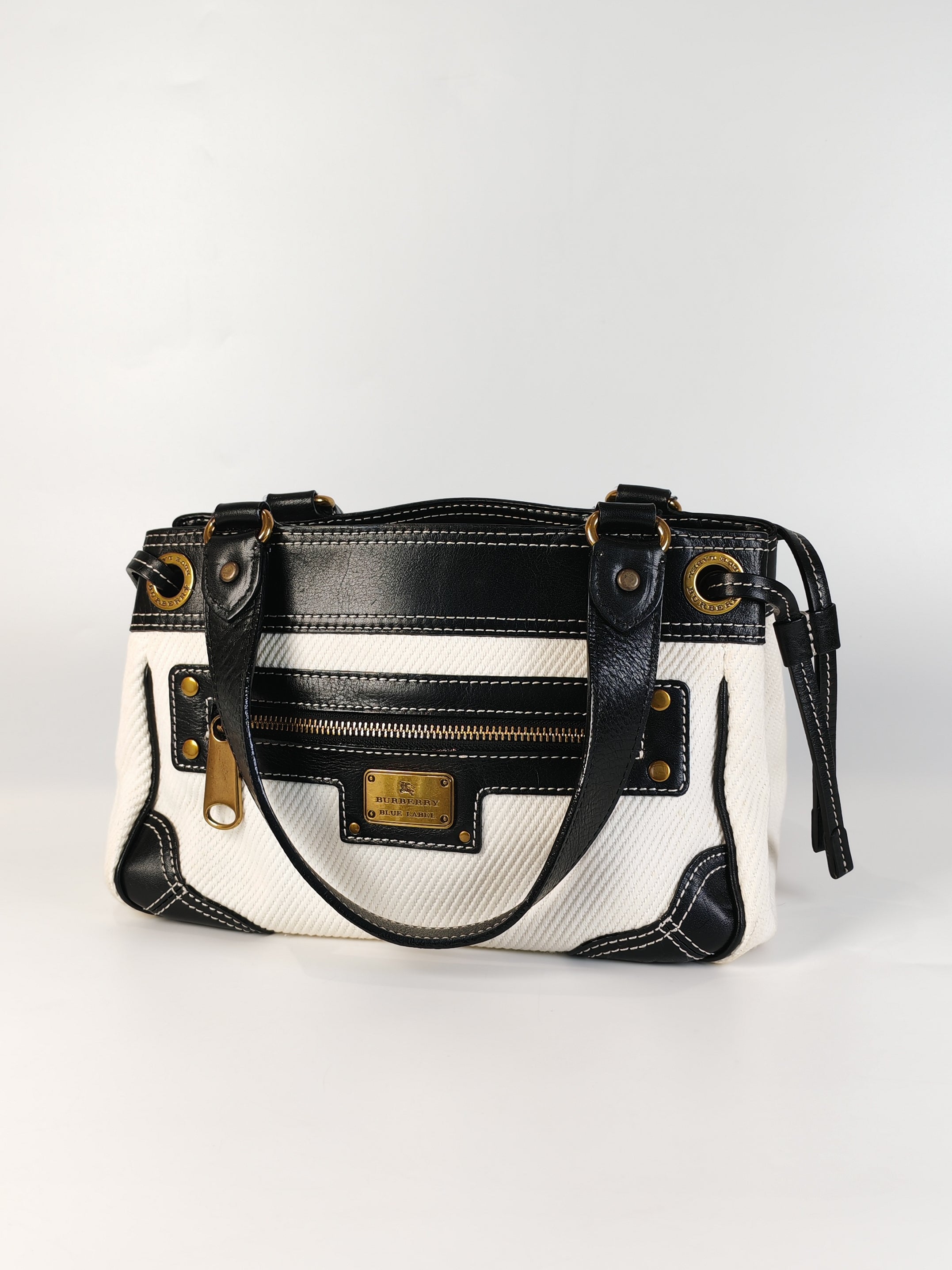 Burberry Blue Label Tote Bag in White Canvas with Black Leather Trim