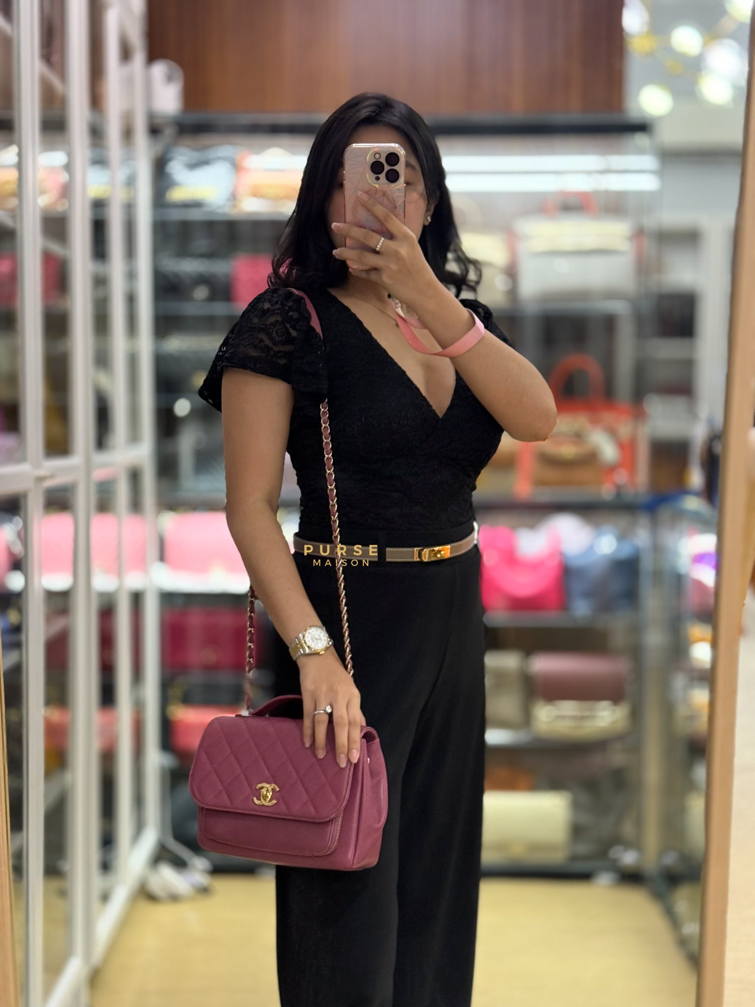 Business Affinity Medium in Mauve Pink Caviar and Light Gold Hardware Series 23 | Purse Maison Luxury Bags Shop