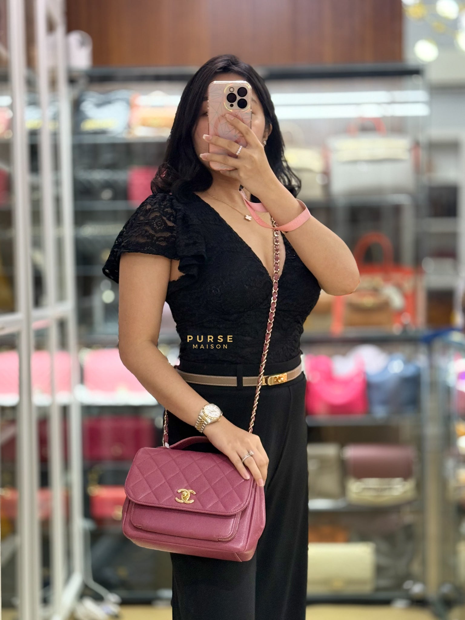 Business Affinity Medium in Mauve Pink Caviar and Light Gold Hardware Series 23 | Purse Maison Luxury Bags Shop