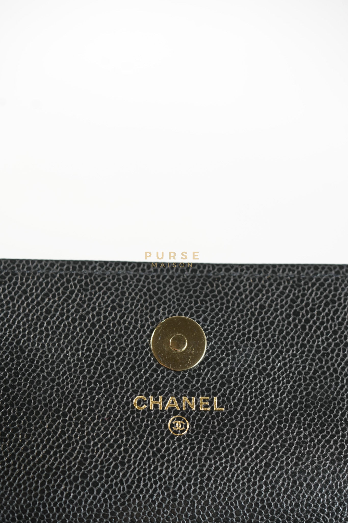 Business Affinity Wallet on Chain (WOC) In Black Caviar Leather and Light Gold Hardware (Microchip) | Purse Maison Luxury Bags Shop
