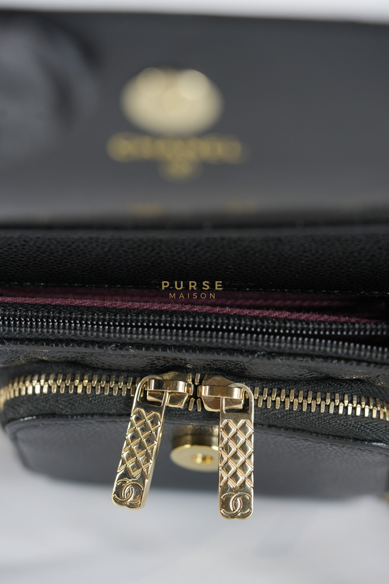 Business Affinity Wallet on Chain (WOC) In Black Caviar Leather and Light Gold Hardware (Microchip) | Purse Maison Luxury Bags Shop