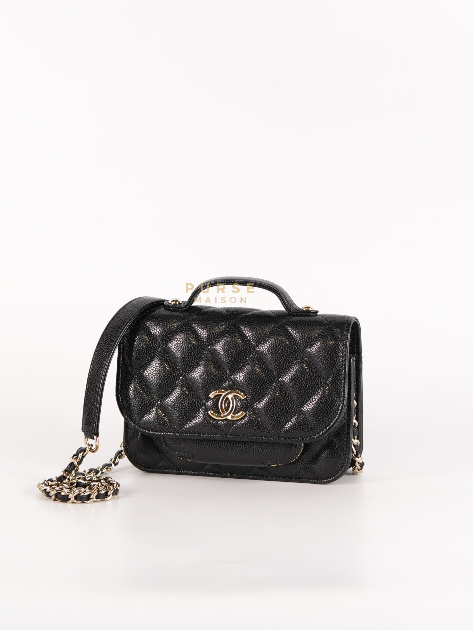Business Affinity Wallet on Chain (WOC) In Black Caviar Leather and Light Gold Hardware (Microchip) | Purse Maison Luxury Bags Shop