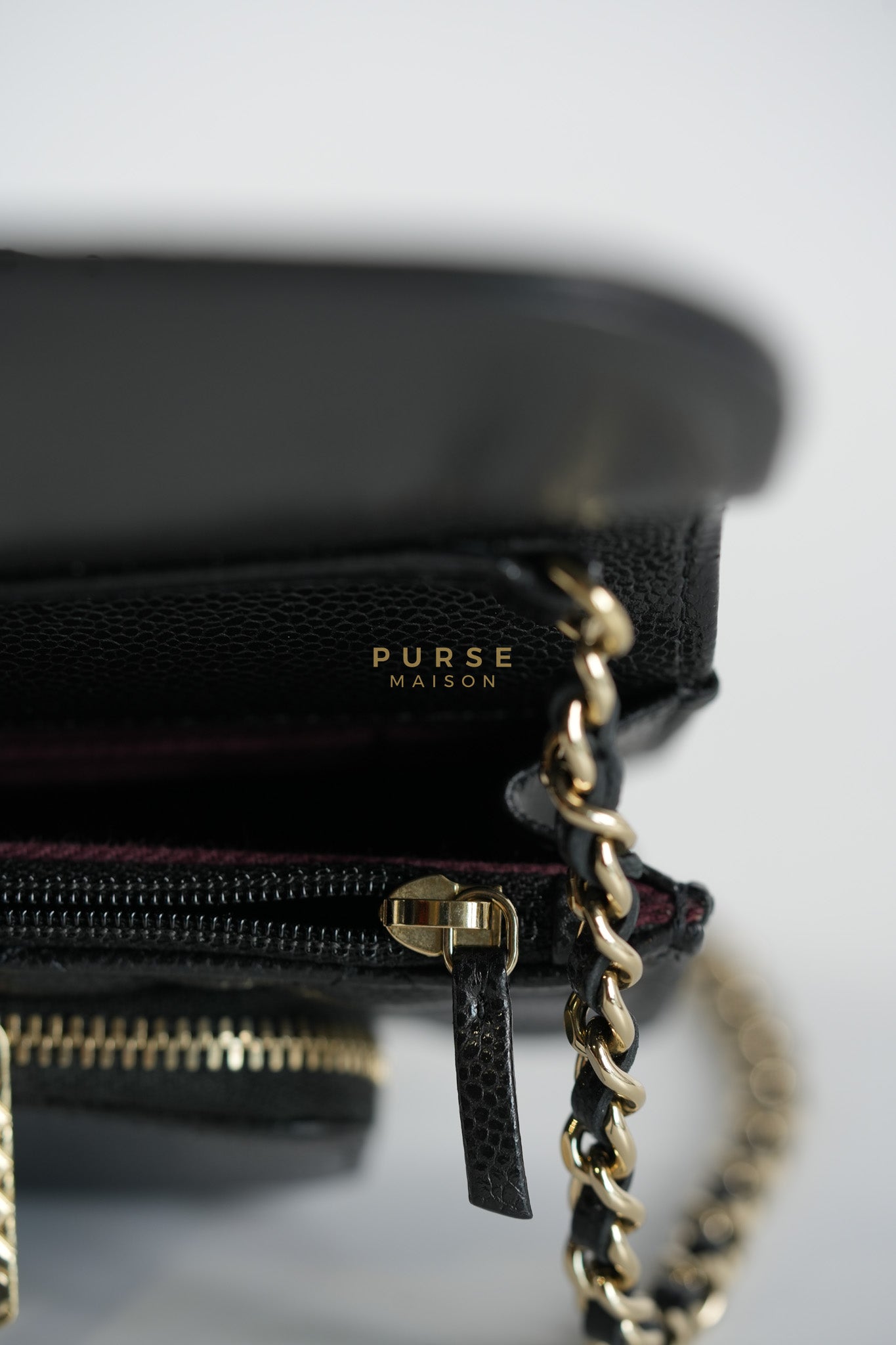 Business Affinity Wallet on Chain (WOC) In Black Caviar Leather and Light Gold Hardware (Microchip) | Purse Maison Luxury Bags Shop