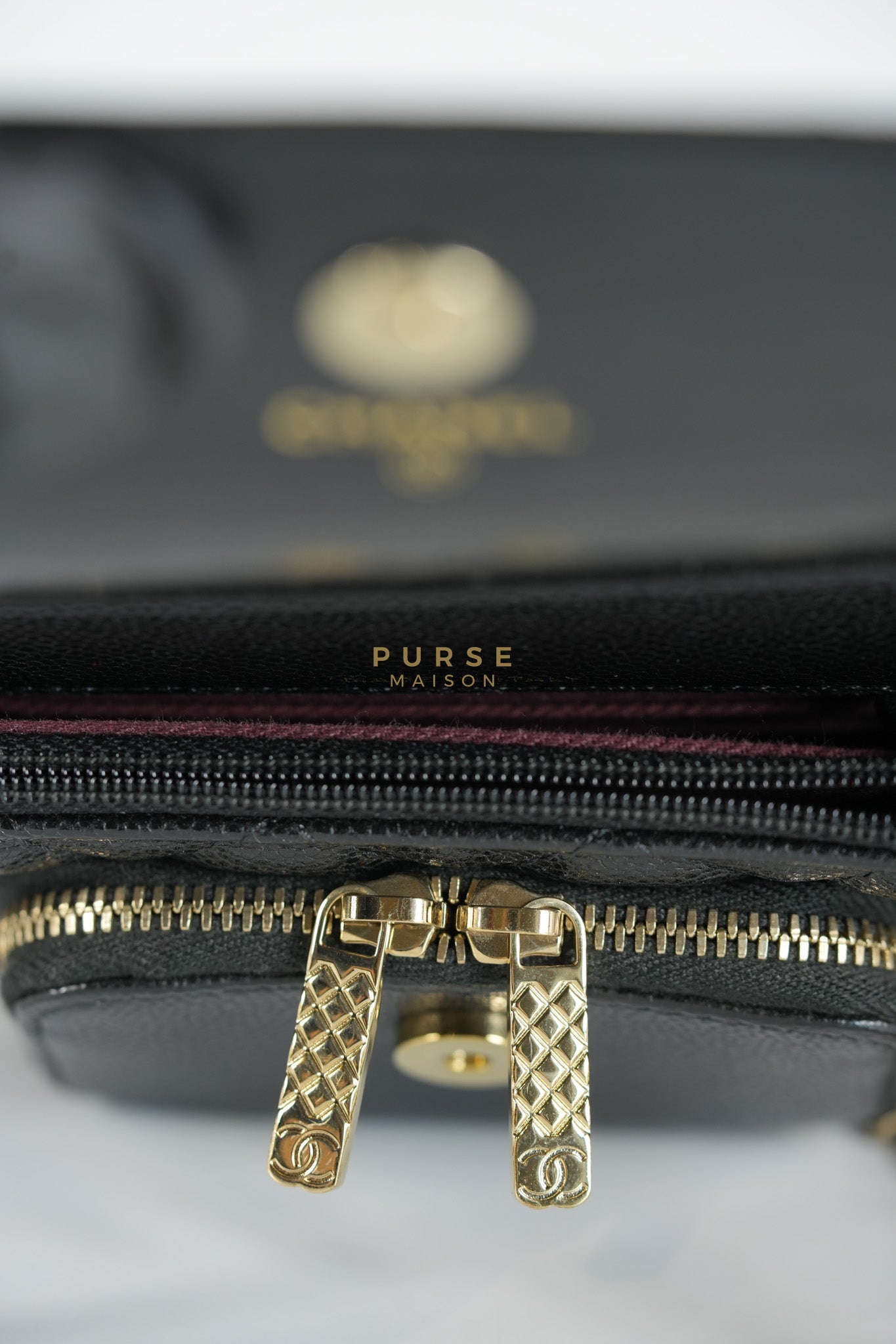 Business Affinity Wallet on Chain (WOC) In Black Caviar Leather and Light Gold Hardware (Microchip) | Purse Maison Luxury Bags Shop
