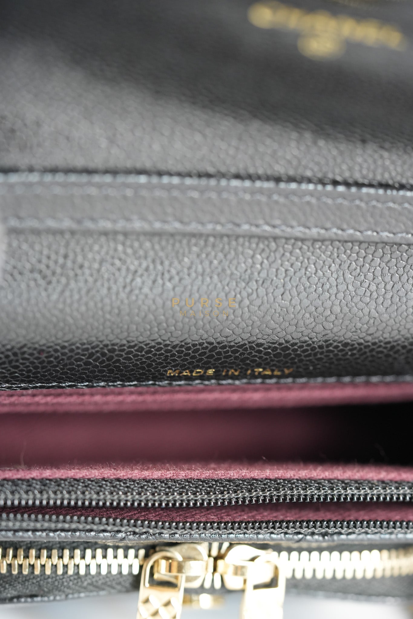 Business Affinity Wallet on Chain (WOC) In Black Caviar Leather and Light Gold Hardware (Microchip) | Purse Maison Luxury Bags Shop