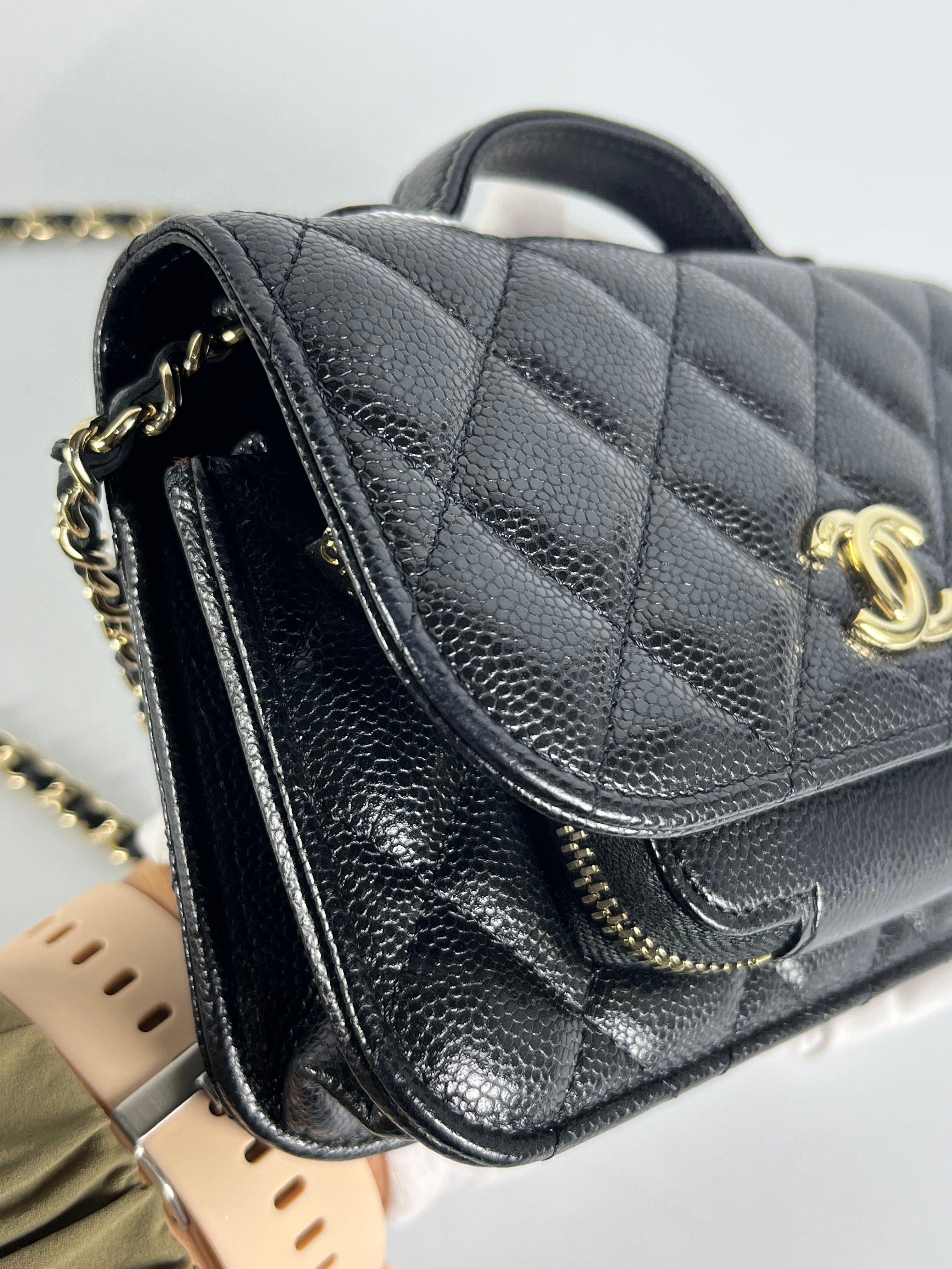Business Affinity Wallet on Chain (WOC) In Black Caviar Leather and Light Gold Hardware (Microchip) | Purse Maison Luxury Bags Shop