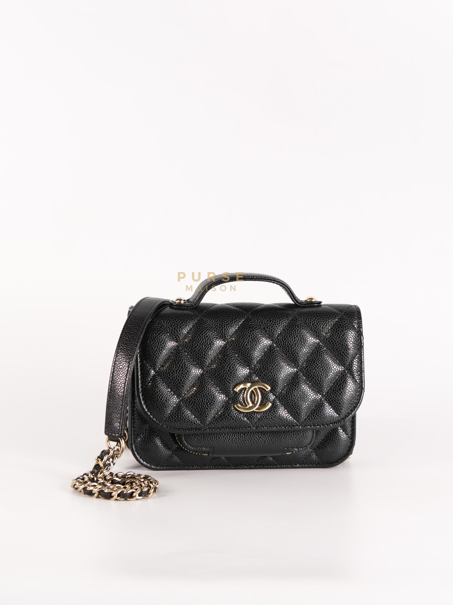 Business Affinity Wallet on Chain (WOC) In Black Caviar Leather and Light Gold Hardware (Microchip) | Purse Maison Luxury Bags Shop