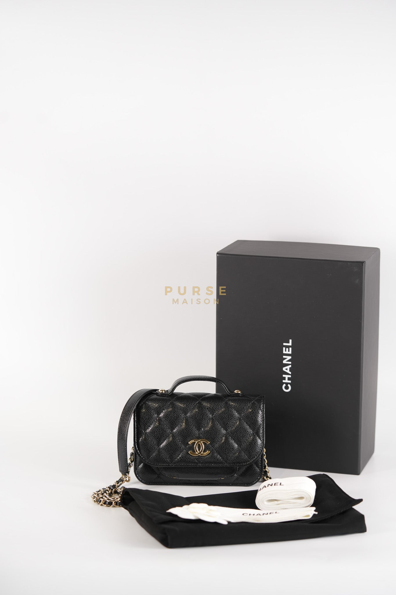 Business Affinity Wallet on Chain (WOC) In Black Caviar Leather and Light Gold Hardware (Microchip) | Purse Maison Luxury Bags Shop