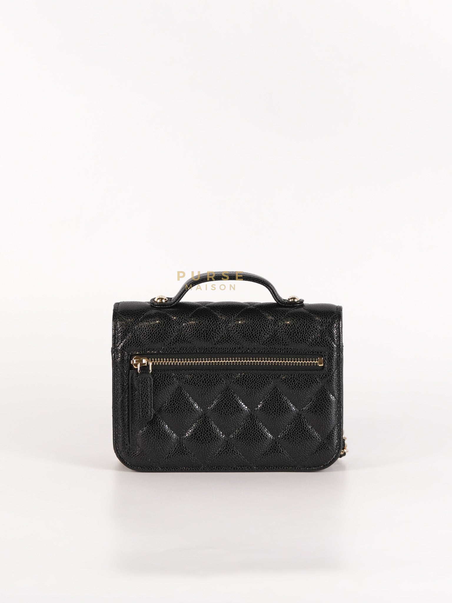 Business Affinity Wallet on Chain (WOC) In Black Caviar Leather and Light Gold Hardware (Microchip) | Purse Maison Luxury Bags Shop