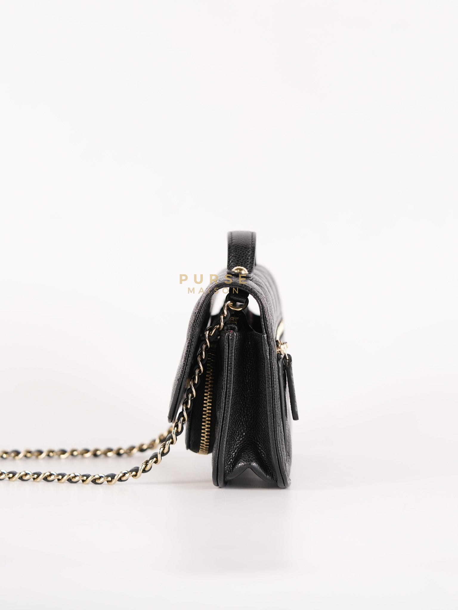 Business Affinity Wallet on Chain (WOC) In Black Caviar Leather and Light Gold Hardware (Microchip) | Purse Maison Luxury Bags Shop