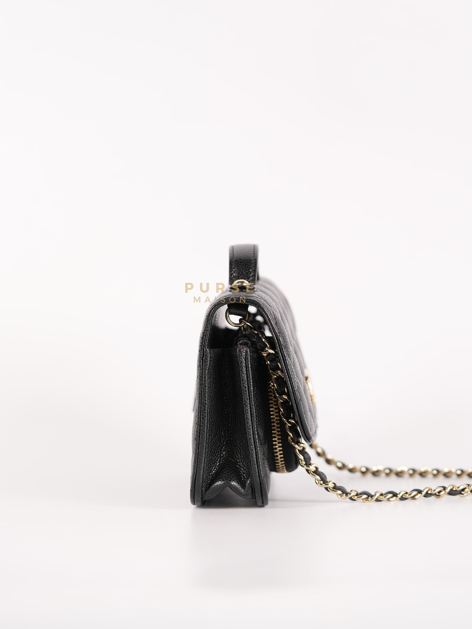 Business Affinity Wallet on Chain (WOC) In Black Caviar Leather and Light Gold Hardware (Microchip) | Purse Maison Luxury Bags Shop