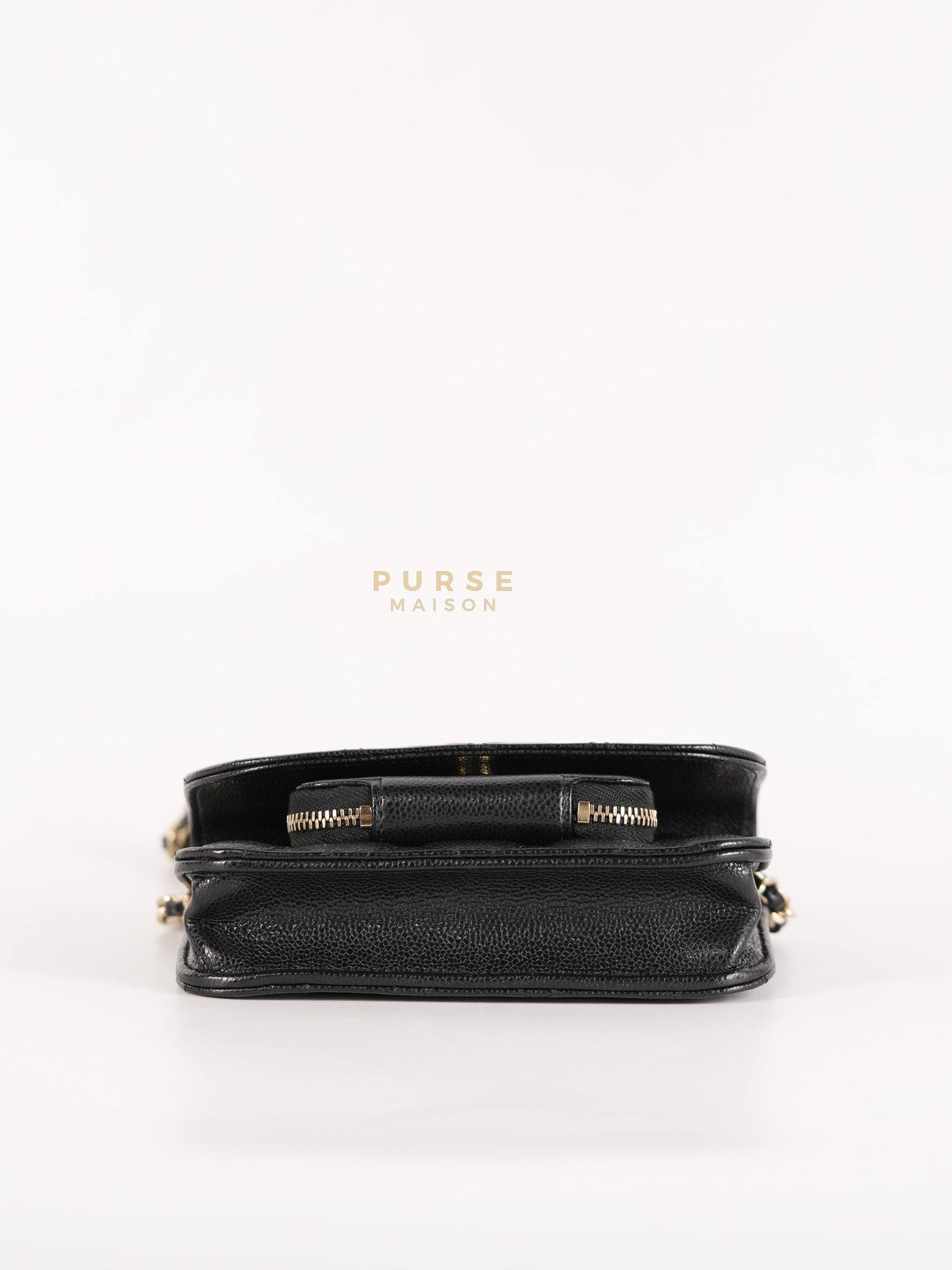 Business Affinity Wallet on Chain (WOC) In Black Caviar Leather and Light Gold Hardware (Microchip) | Purse Maison Luxury Bags Shop