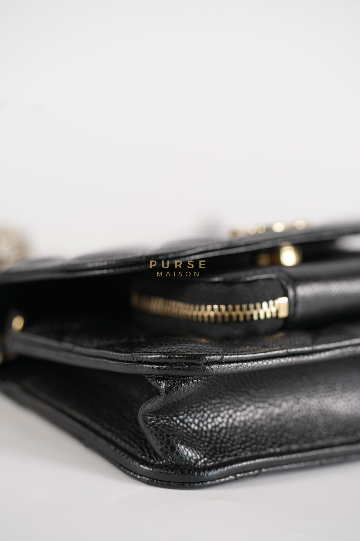 Business Affinity Wallet on Chain (WOC) In Black Caviar Leather and Light Gold Hardware (Microchip) | Purse Maison Luxury Bags Shop