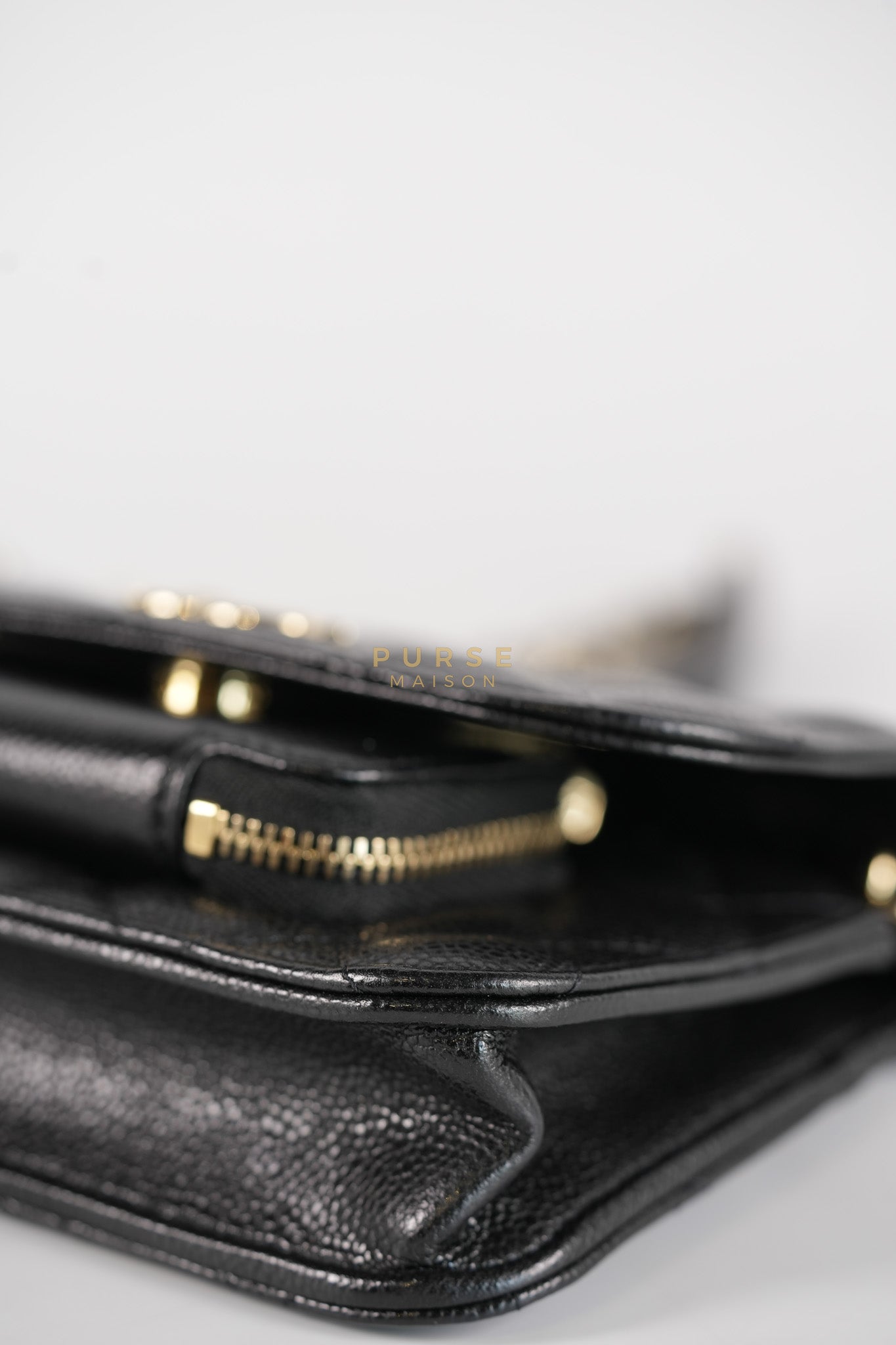 Business Affinity Wallet on Chain (WOC) In Black Caviar Leather and Light Gold Hardware (Microchip) | Purse Maison Luxury Bags Shop