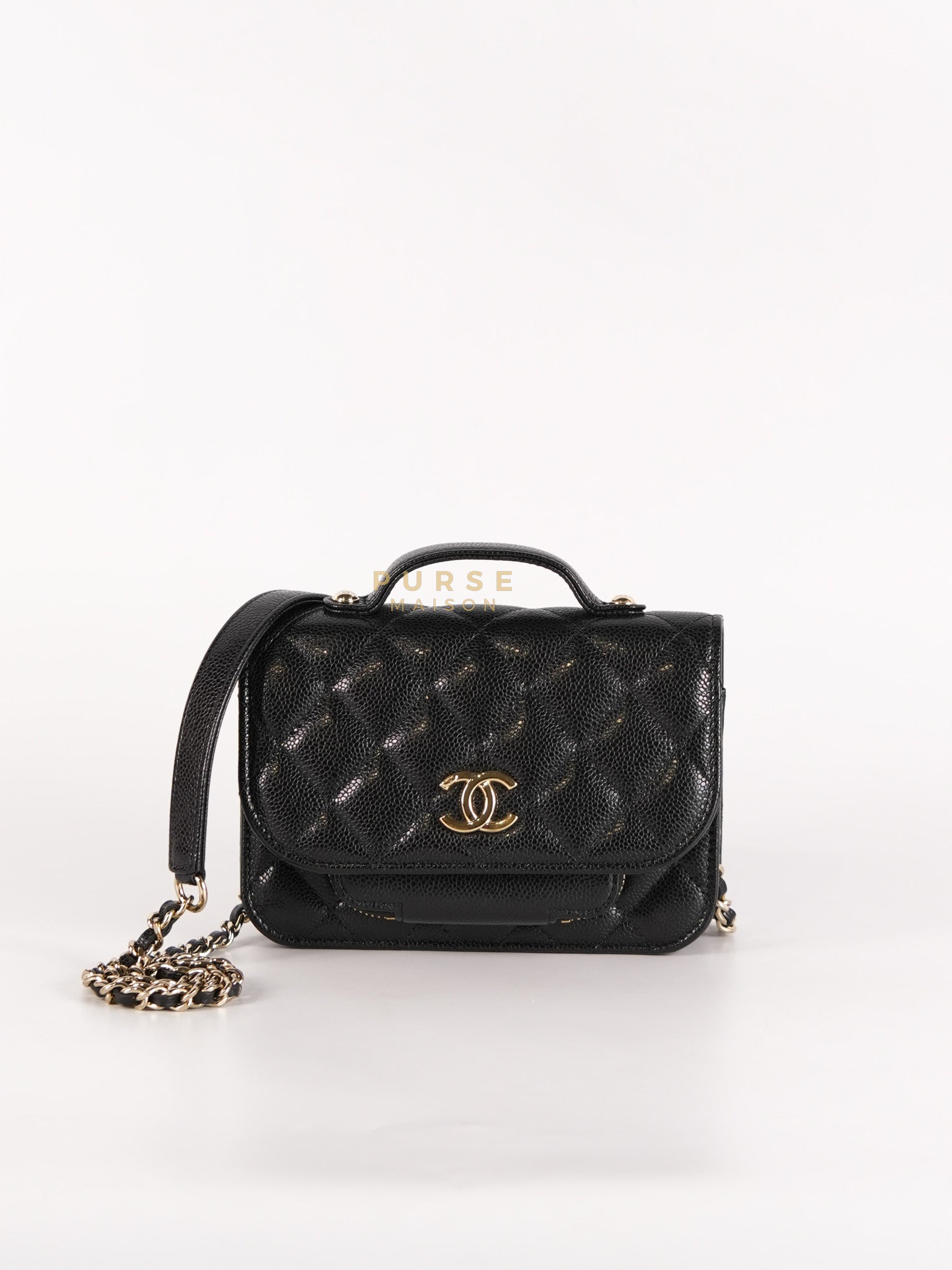 Business Affinity Wallet on Chain (WOC) In Black Caviar Leather and Light Gold Hardware (Microchip) | Purse Maison Luxury Bags Shop