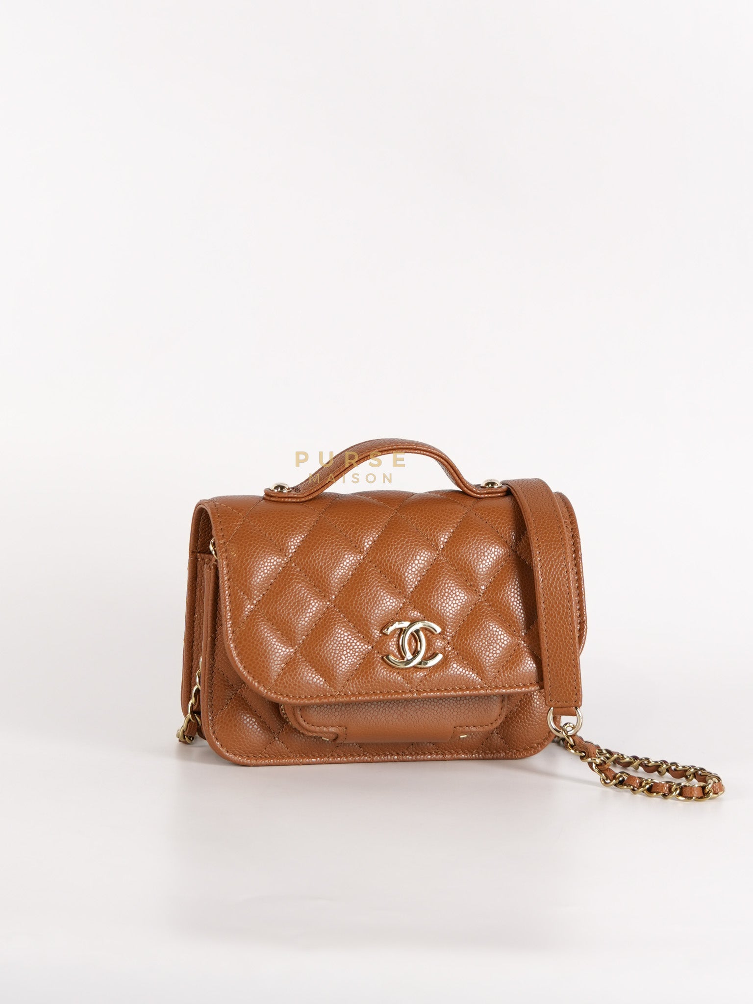 Business Affinity Wallet on Chain (WOC) In Caramel Caviar Leather and Light Gold Hardware (Microchip) | Purse Maison Luxury Bags Shop