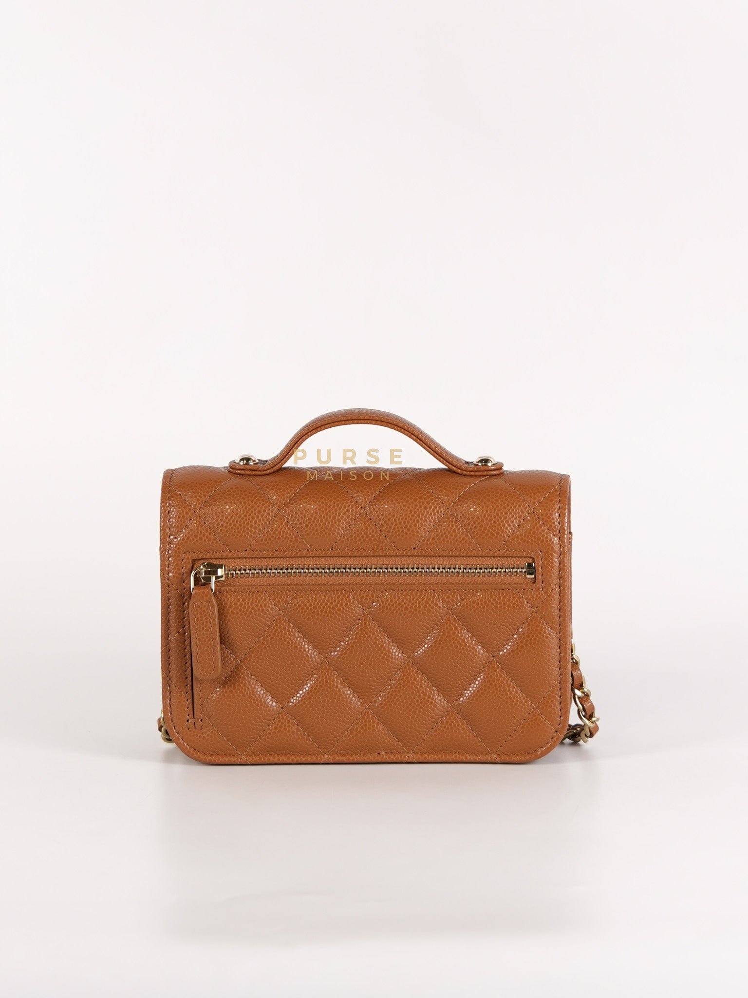 Business Affinity Wallet on Chain (WOC) In Caramel Caviar Leather and Light Gold Hardware (Microchip) | Purse Maison Luxury Bags Shop