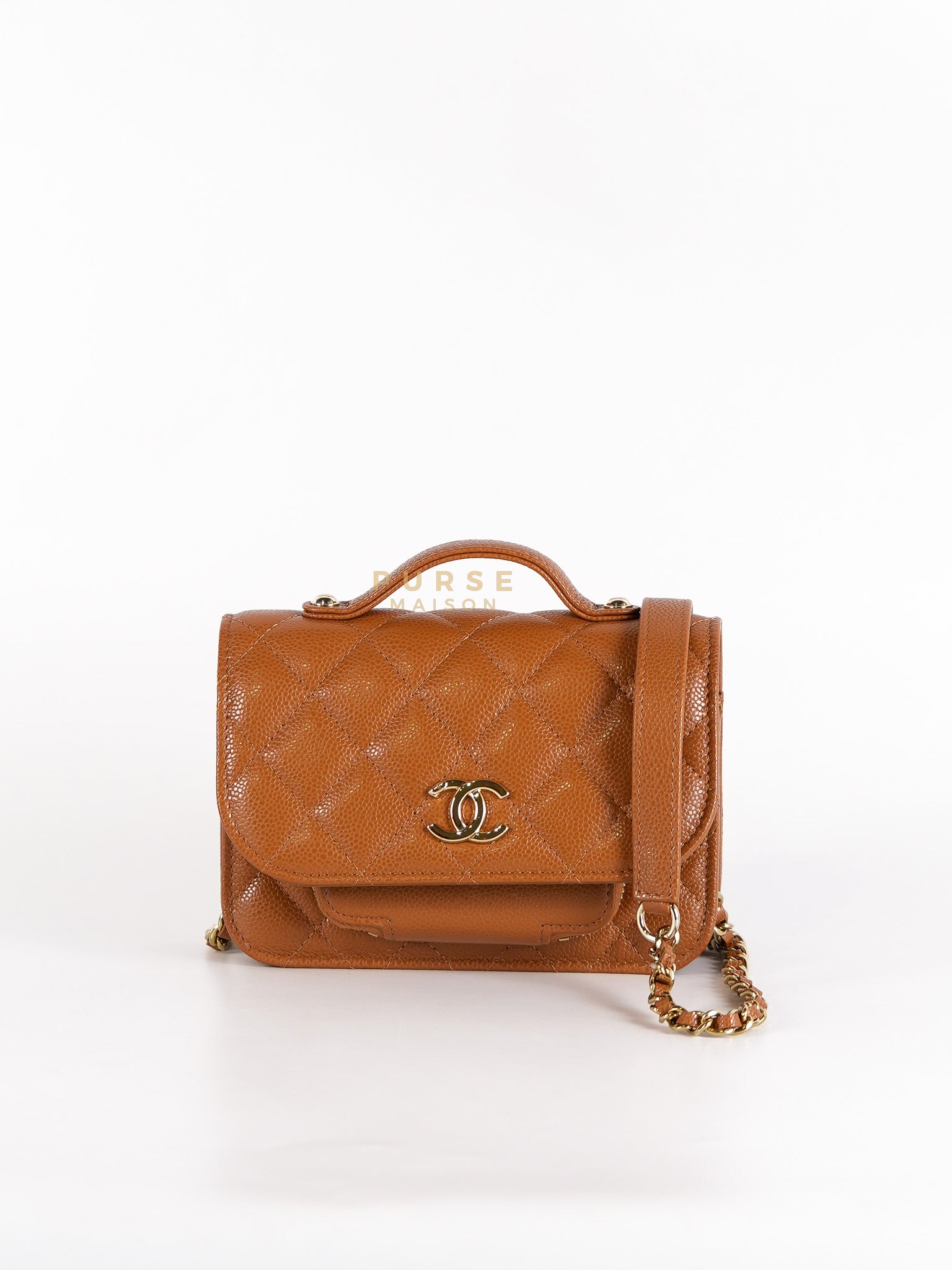 Business Affinity Wallet on Chain (WOC) In Caramel Caviar Leather and Light Gold Hardware (Microchip) | Purse Maison Luxury Bags Shop