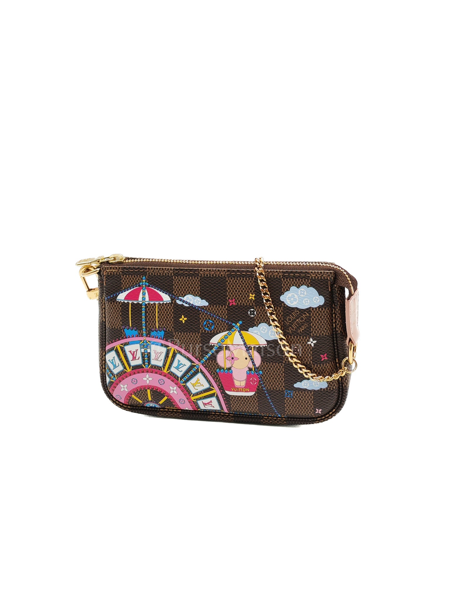 Christmas Animation 2020 Mini Pochette in Damier Ebene Canvas & Gold Hardware (Datecode: SF3240)