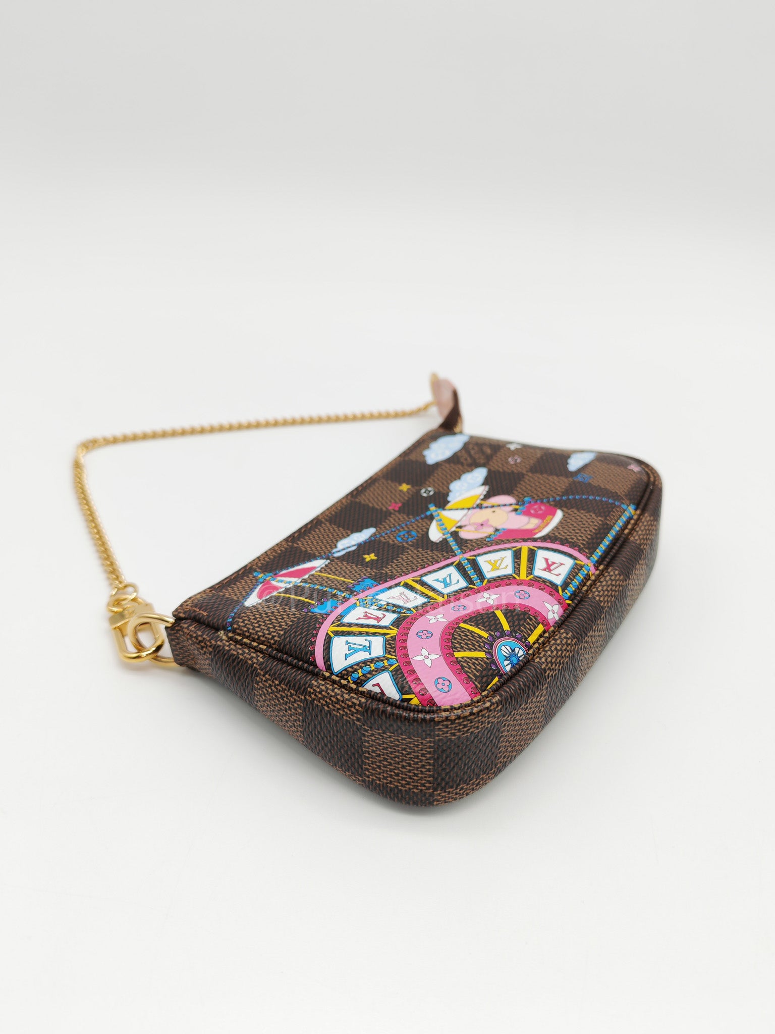 Christmas Animation 2020 Mini Pochette in Damier Ebene Canvas & Gold Hardware (Datecode: SF3240)