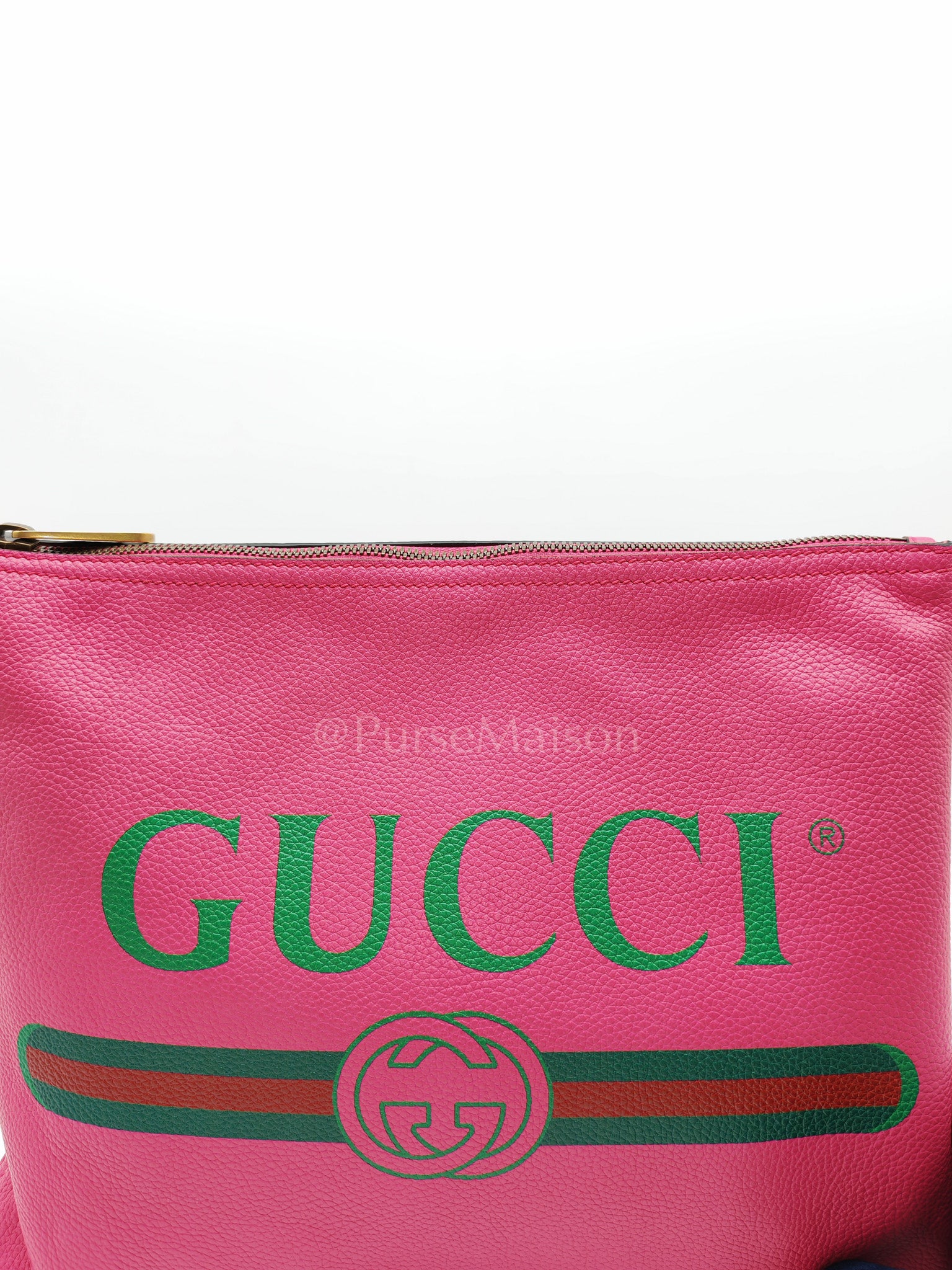 Porfolio Clutch in Pink Gucci Print Prominent Green Logo