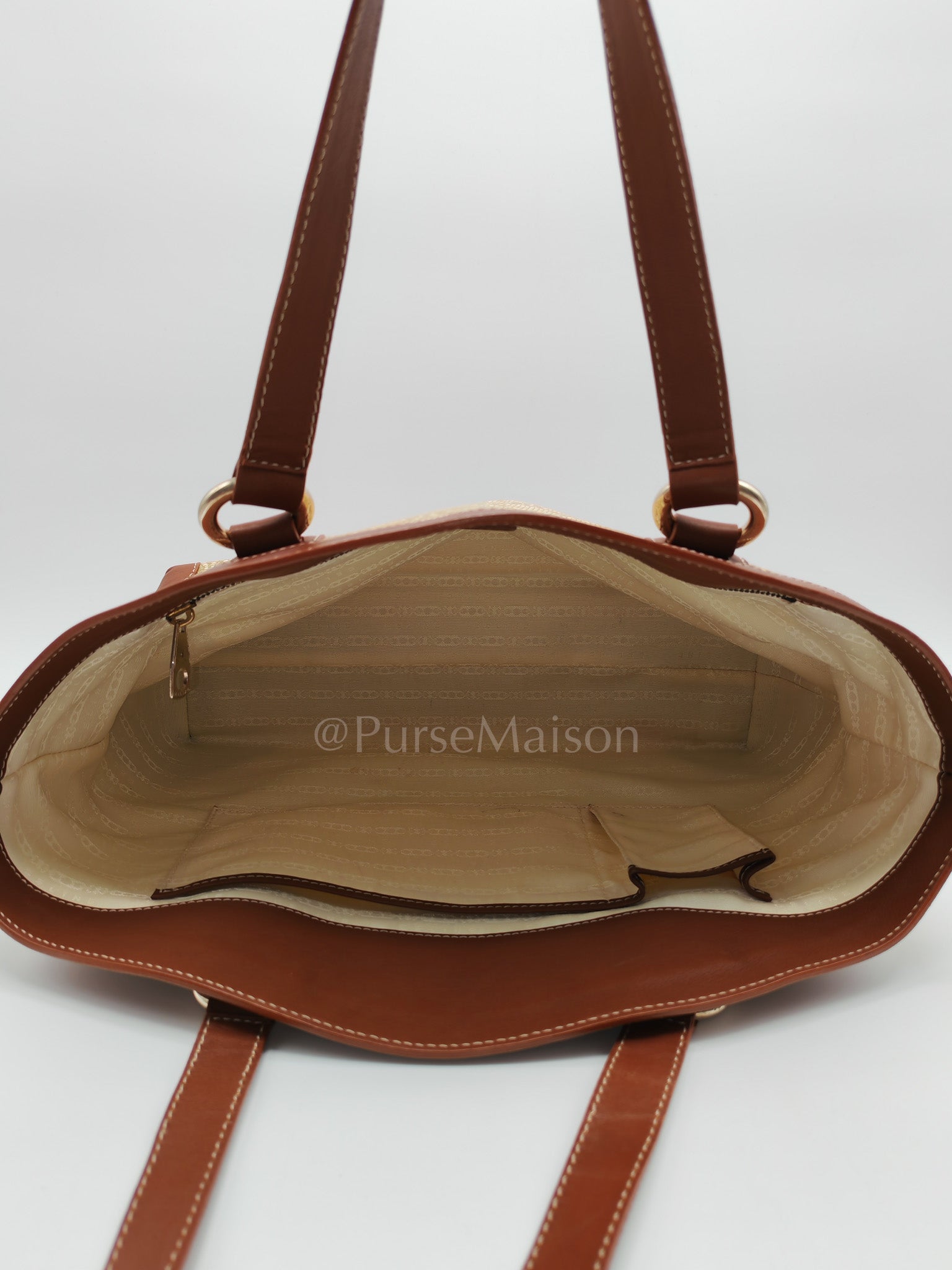 Macadam Monogram Canvas Tote Bag in Brown Leather Trim and Handle