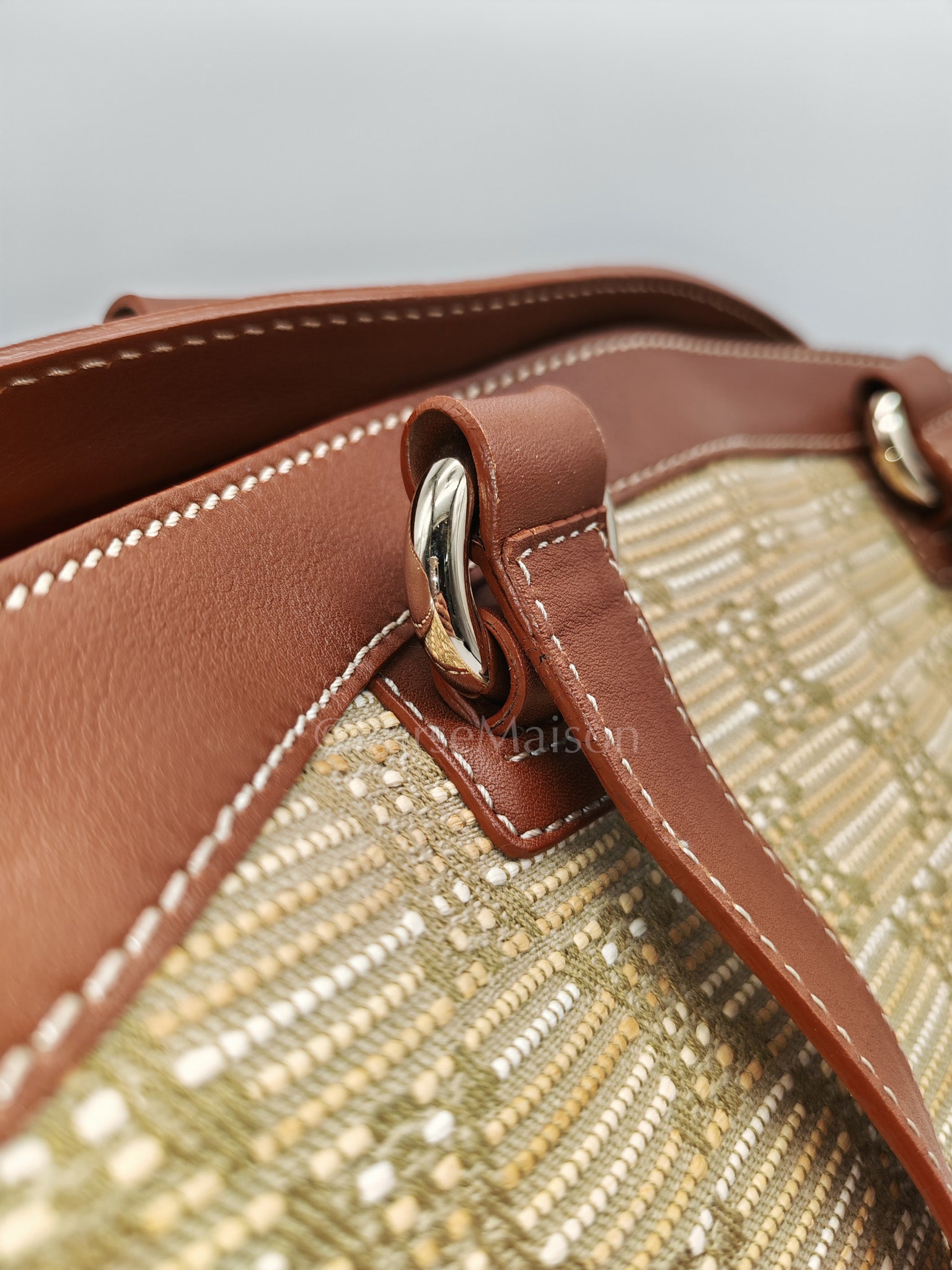 Macadam Monogram Canvas Tote Bag in Brown Leather Trim and Handle