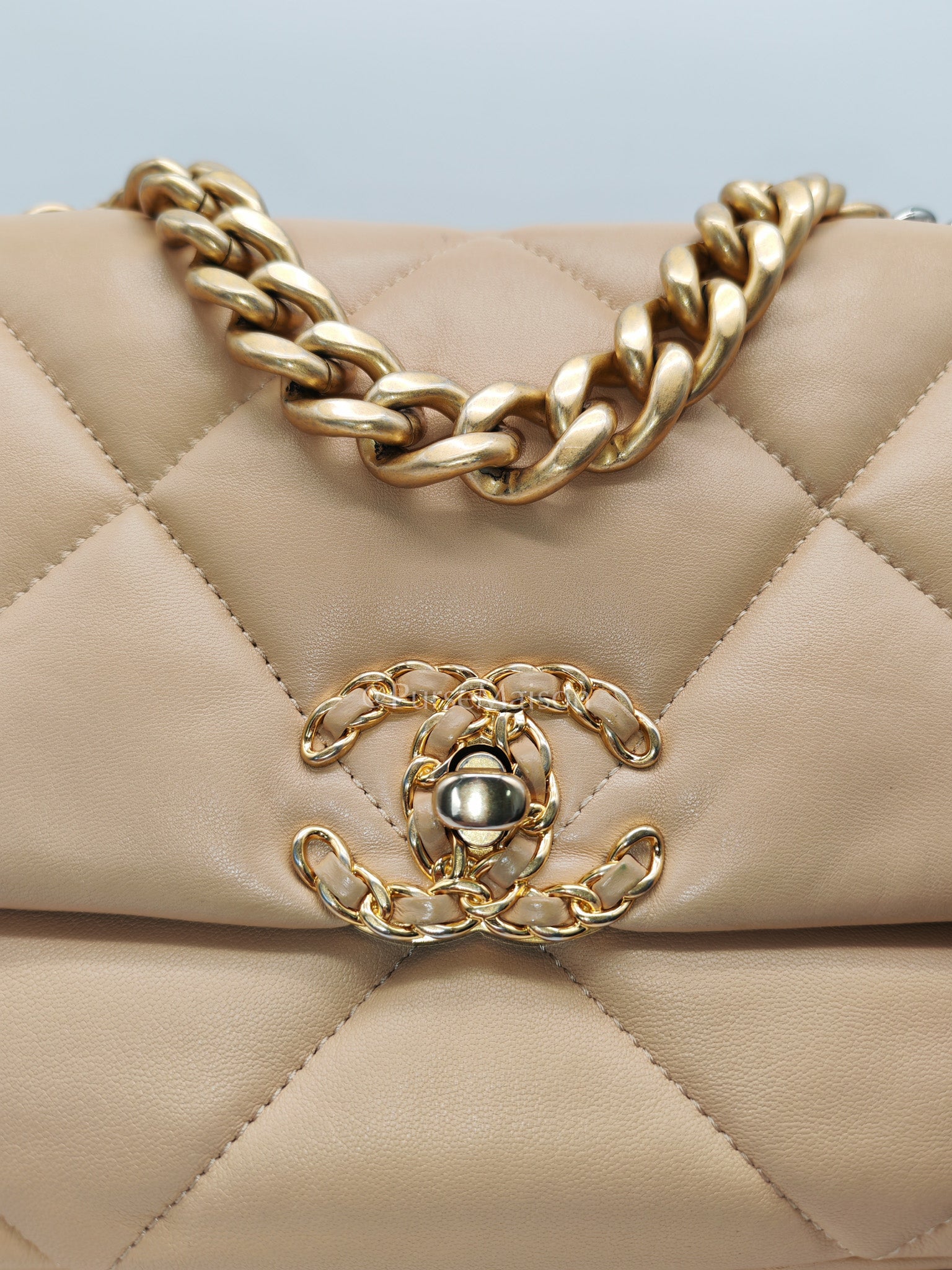 Chanel 19 Small in Beige Quilted Lambskin Leather and Mixed Hardware (Microchip)