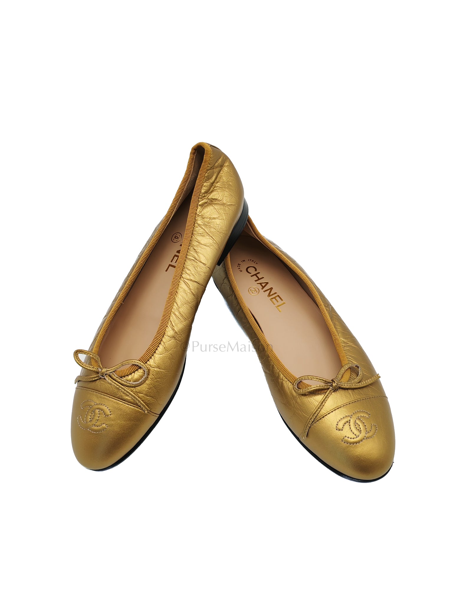 Cap Toe Ballerina Flats in Metallic Gold in Distressed Leather Size 38EU (24cm)
