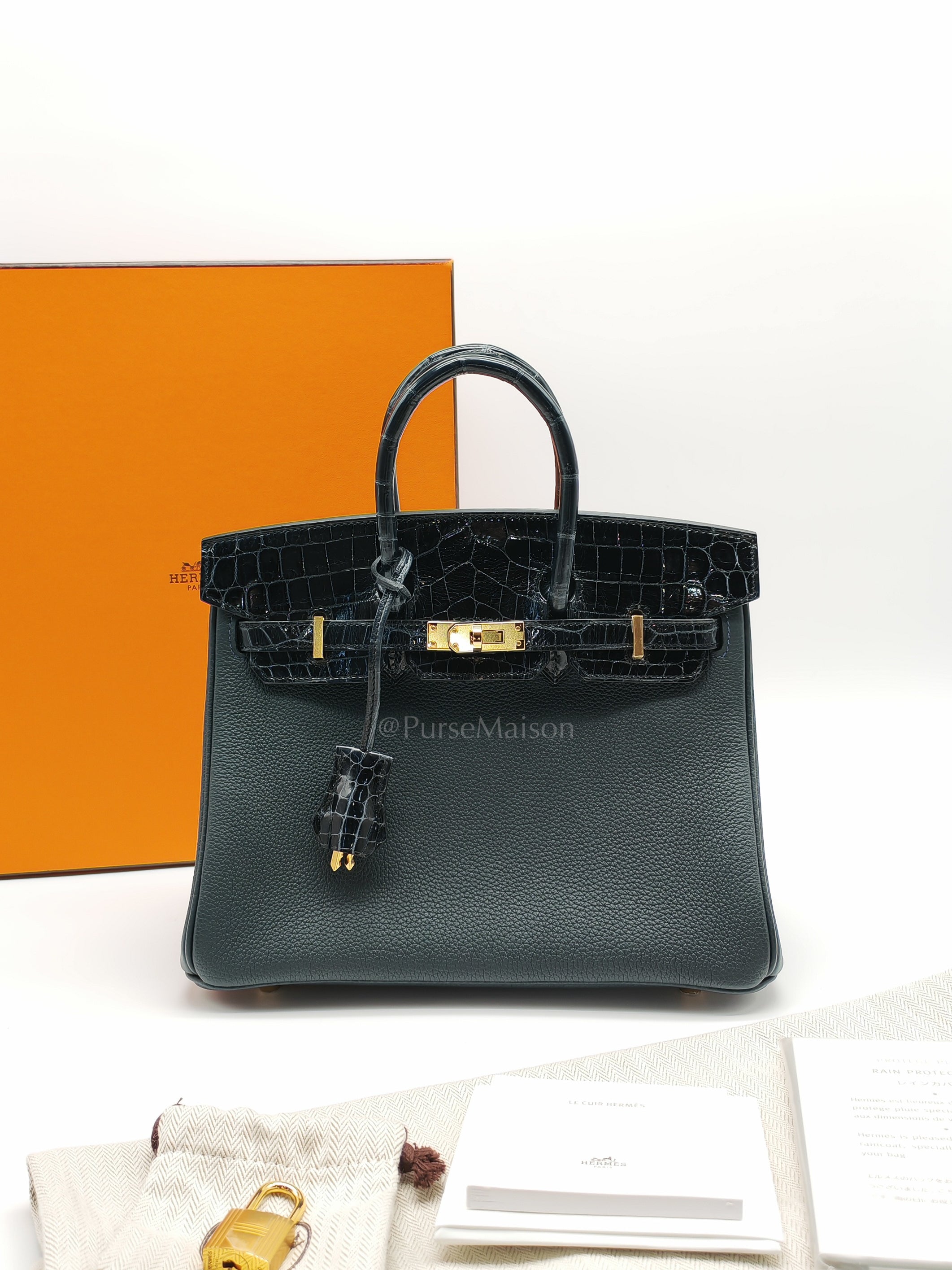 Birkin 25 Vert Rousseau Togo Leather & Croc Touch Gold Hardware Stamp Y(2020)