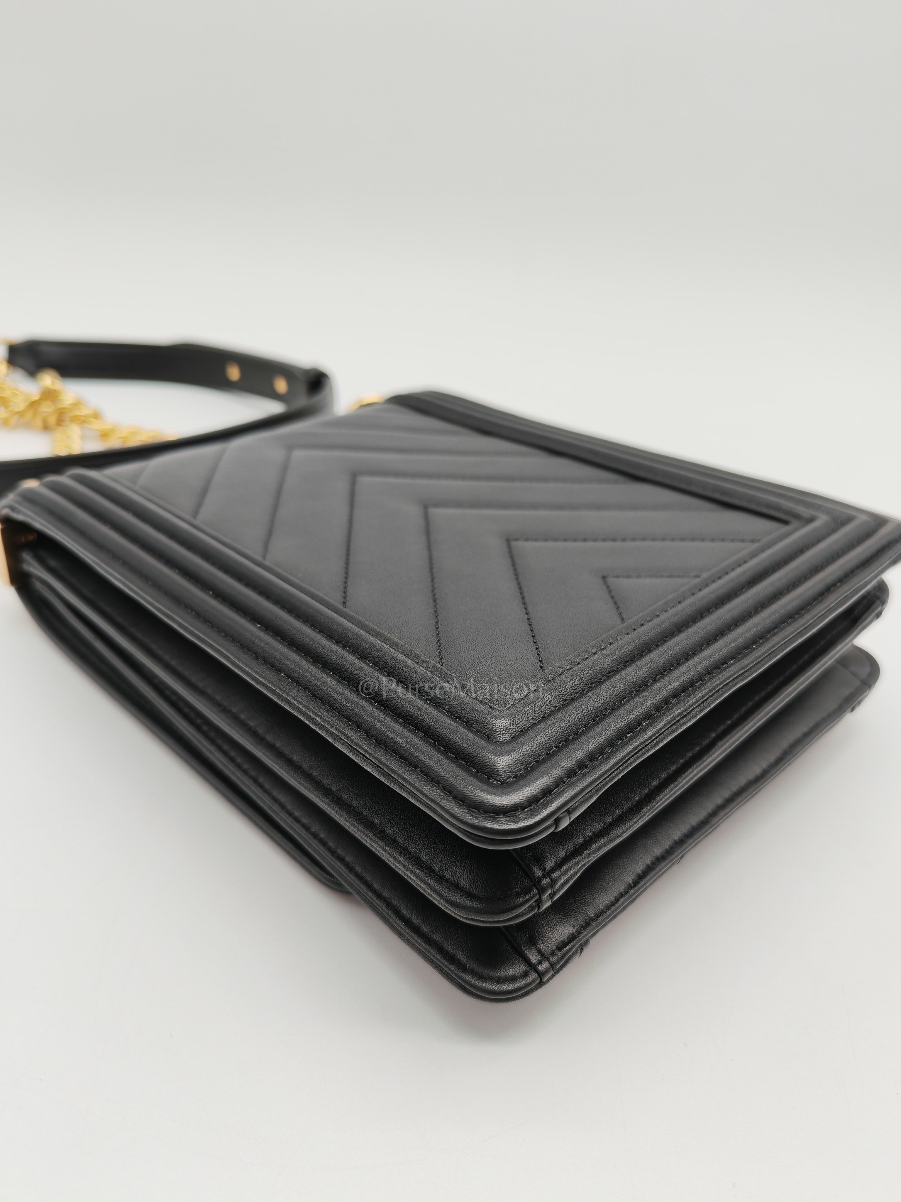Boy North South Bag in Black Lambskin Leather & Gold Hardware Series 28