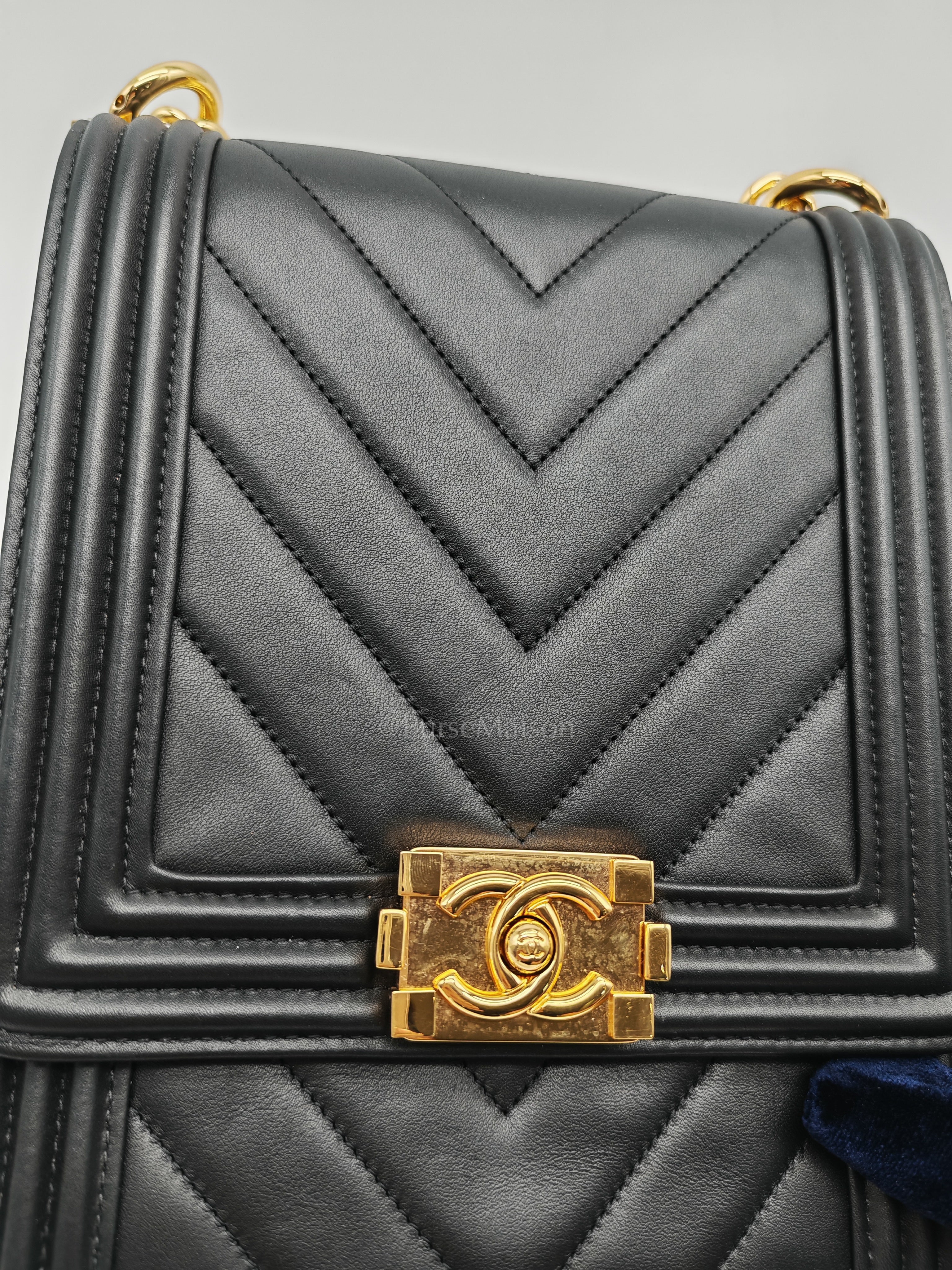 Boy North South Bag in Black Lambskin Leather & Gold Hardware Series 28