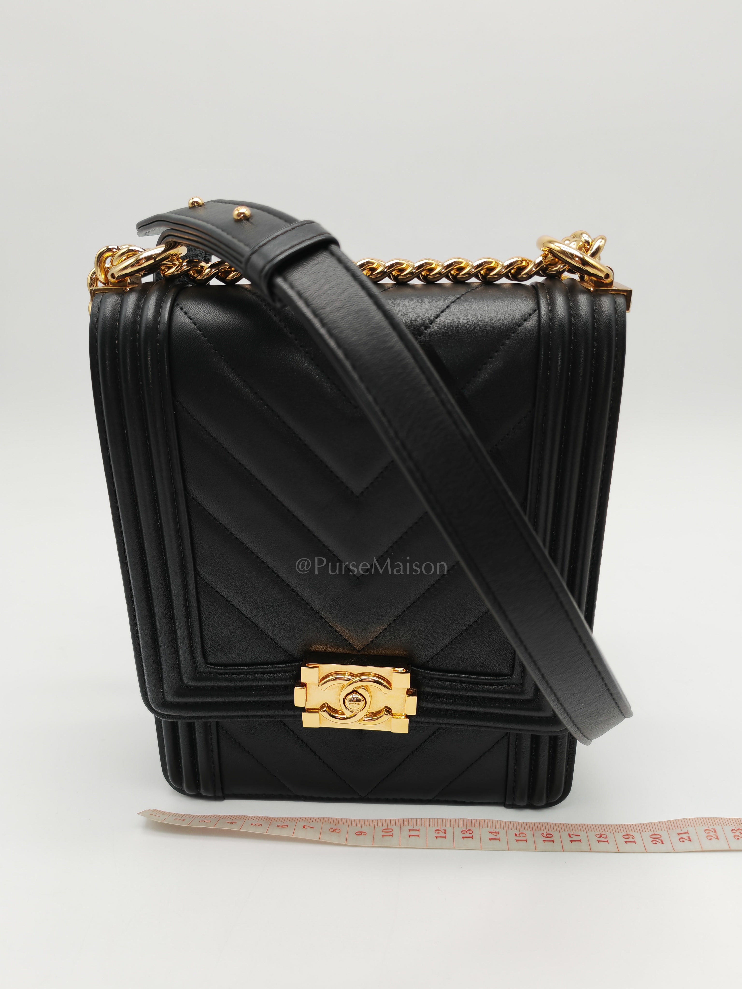 Boy North South Bag in Black Lambskin Leather & Gold Hardware Series 28