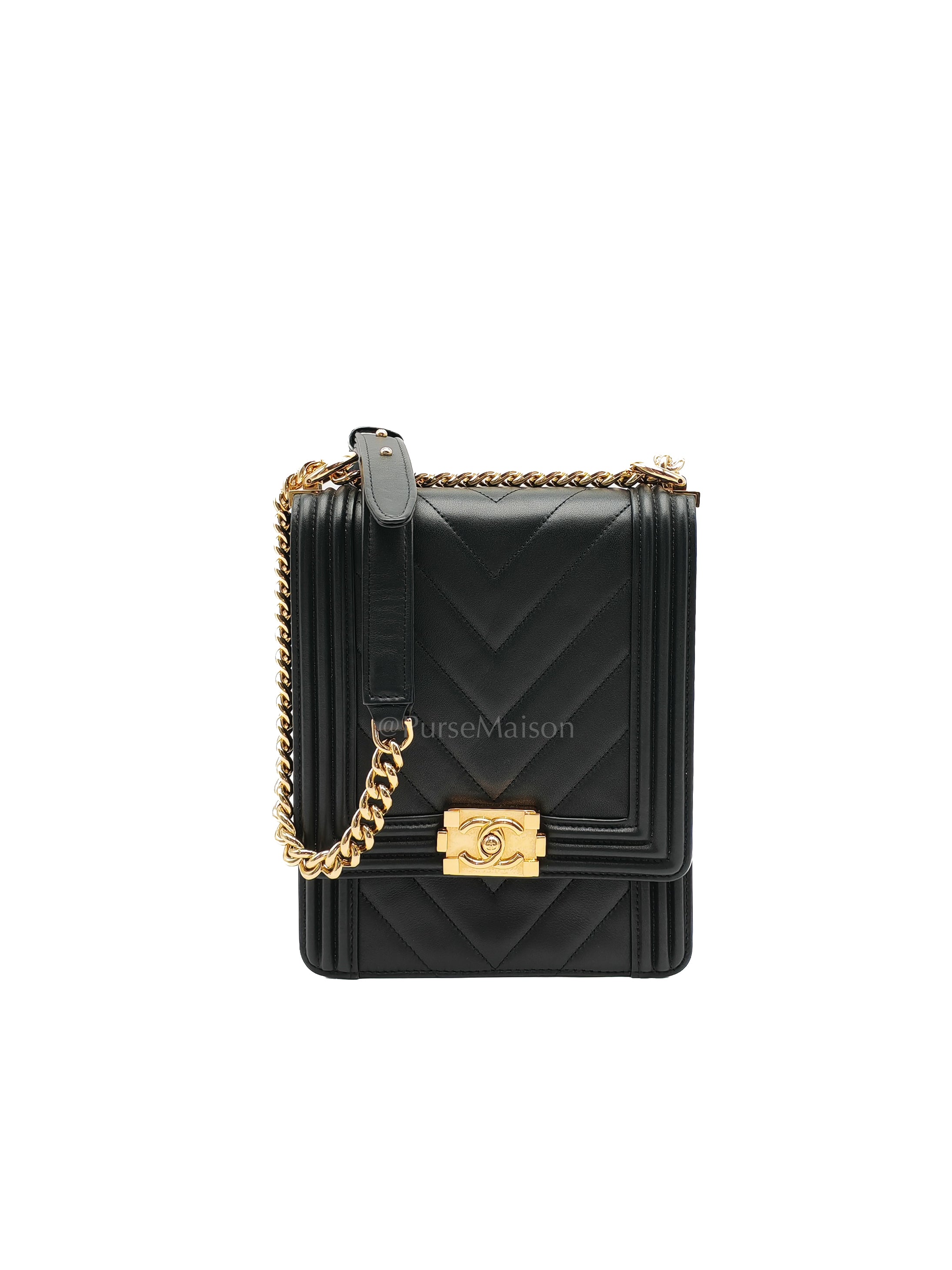 Boy North South Bag in Black Lambskin Leather & Gold Hardware Series 28