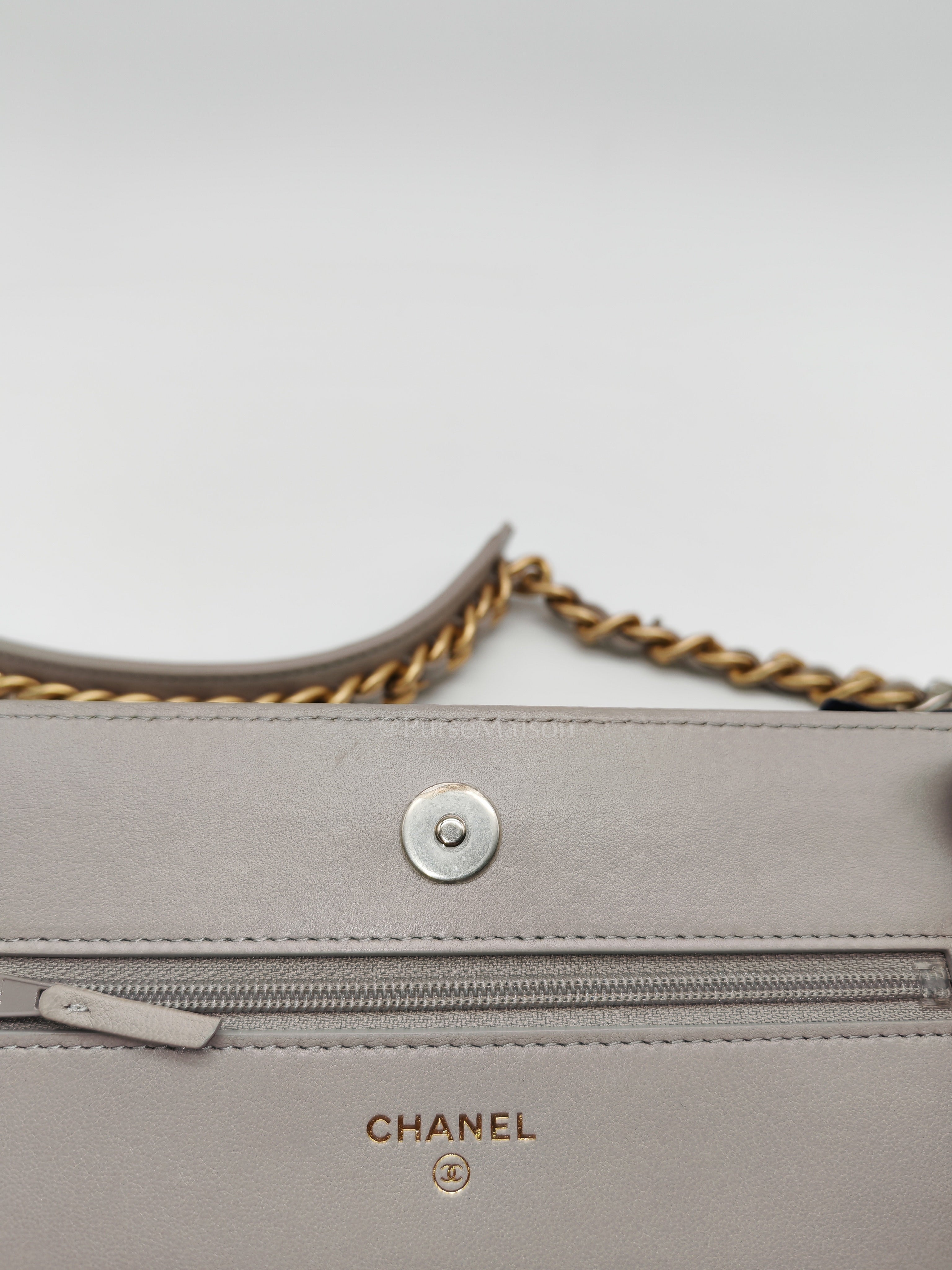 Wallet on Chain in Gray Lambskin Leather & Mixed Hardware Microchip