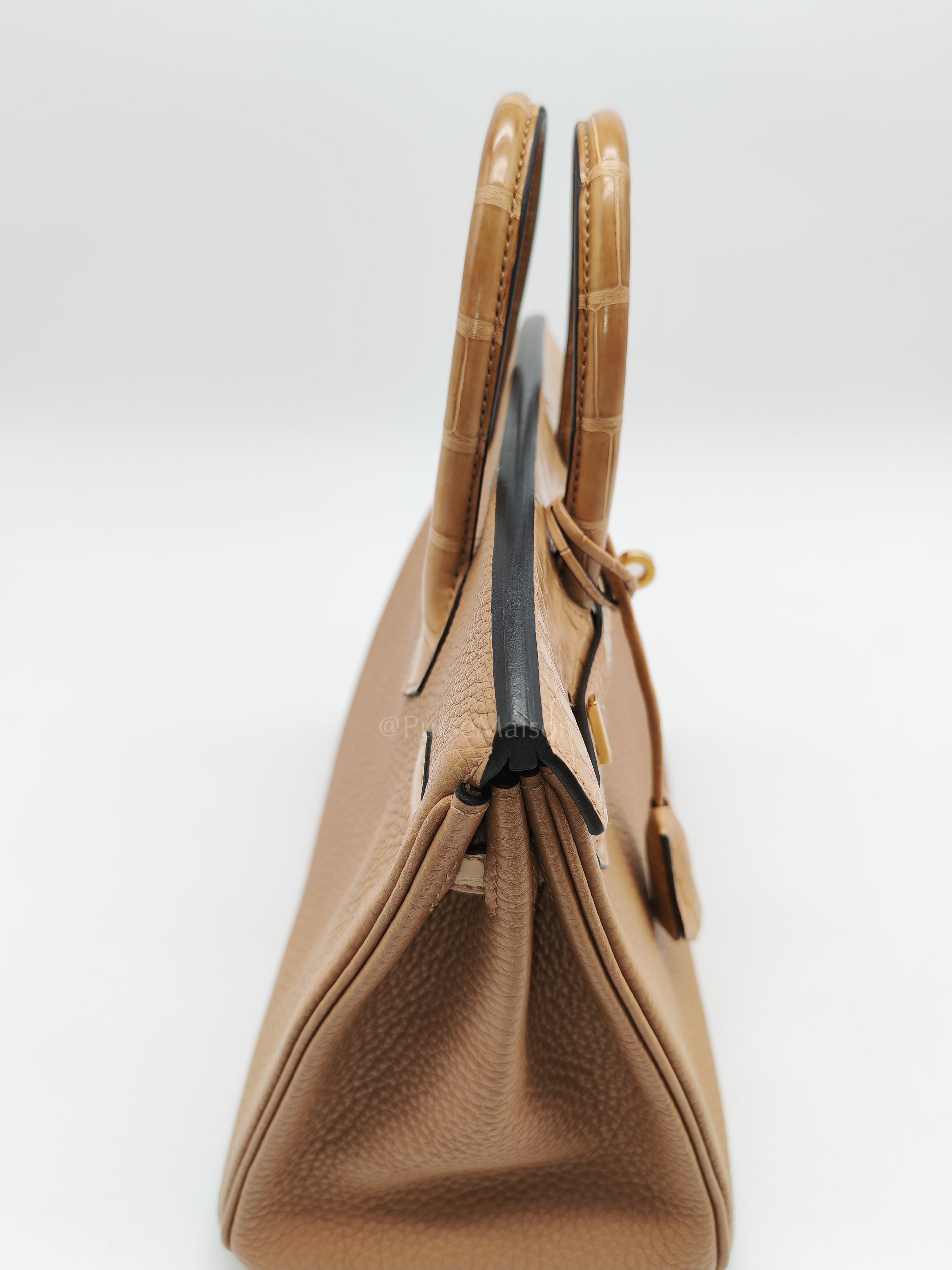 Birkin 25  Retourne Touch in Chai Togo and Alligator Leather in Permabrass Hardware Stamp U (2022)