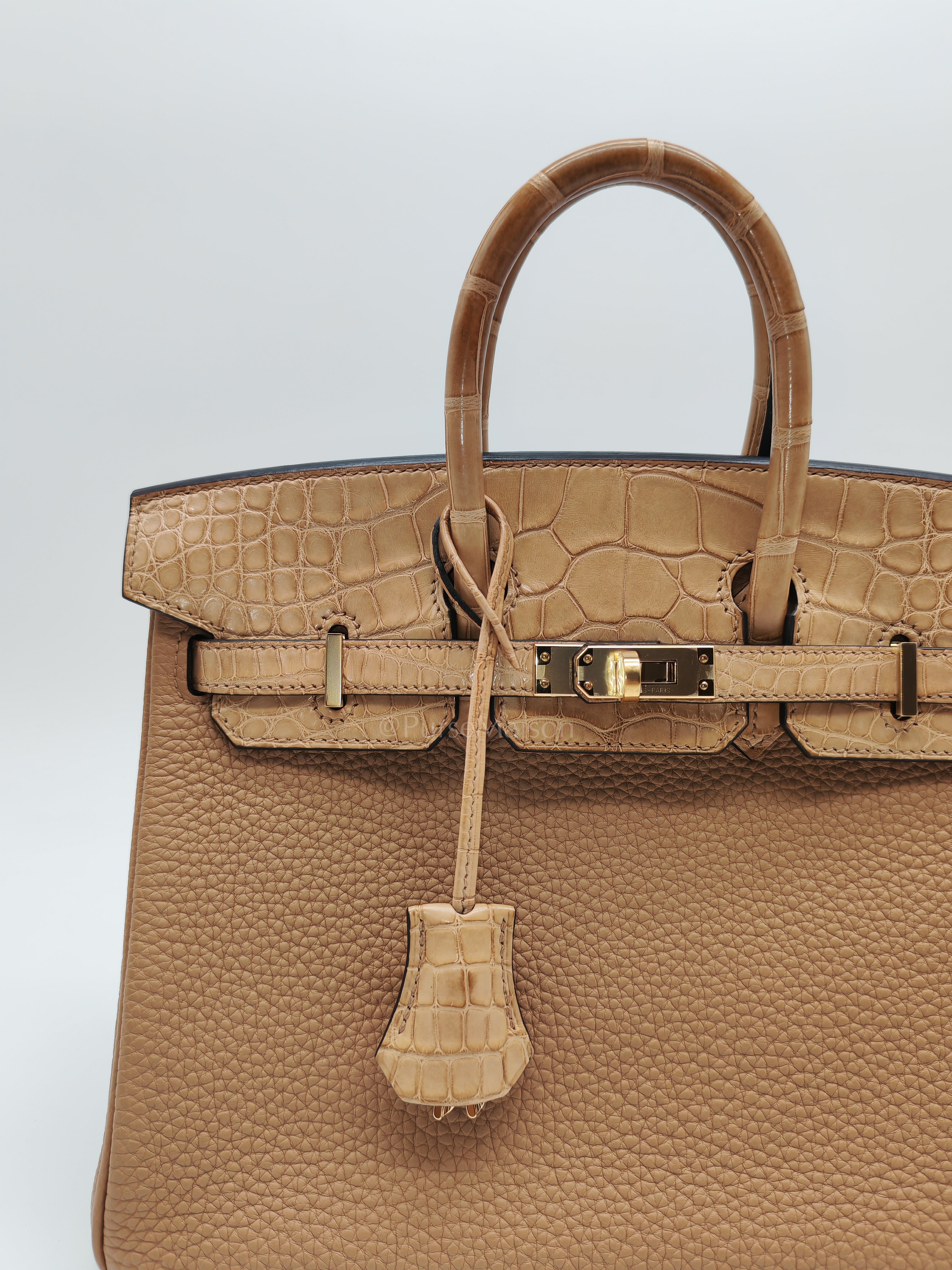 Birkin 25  Retourne Touch in Chai Togo and Alligator Leather in Permabrass Hardware Stamp U (2022)
