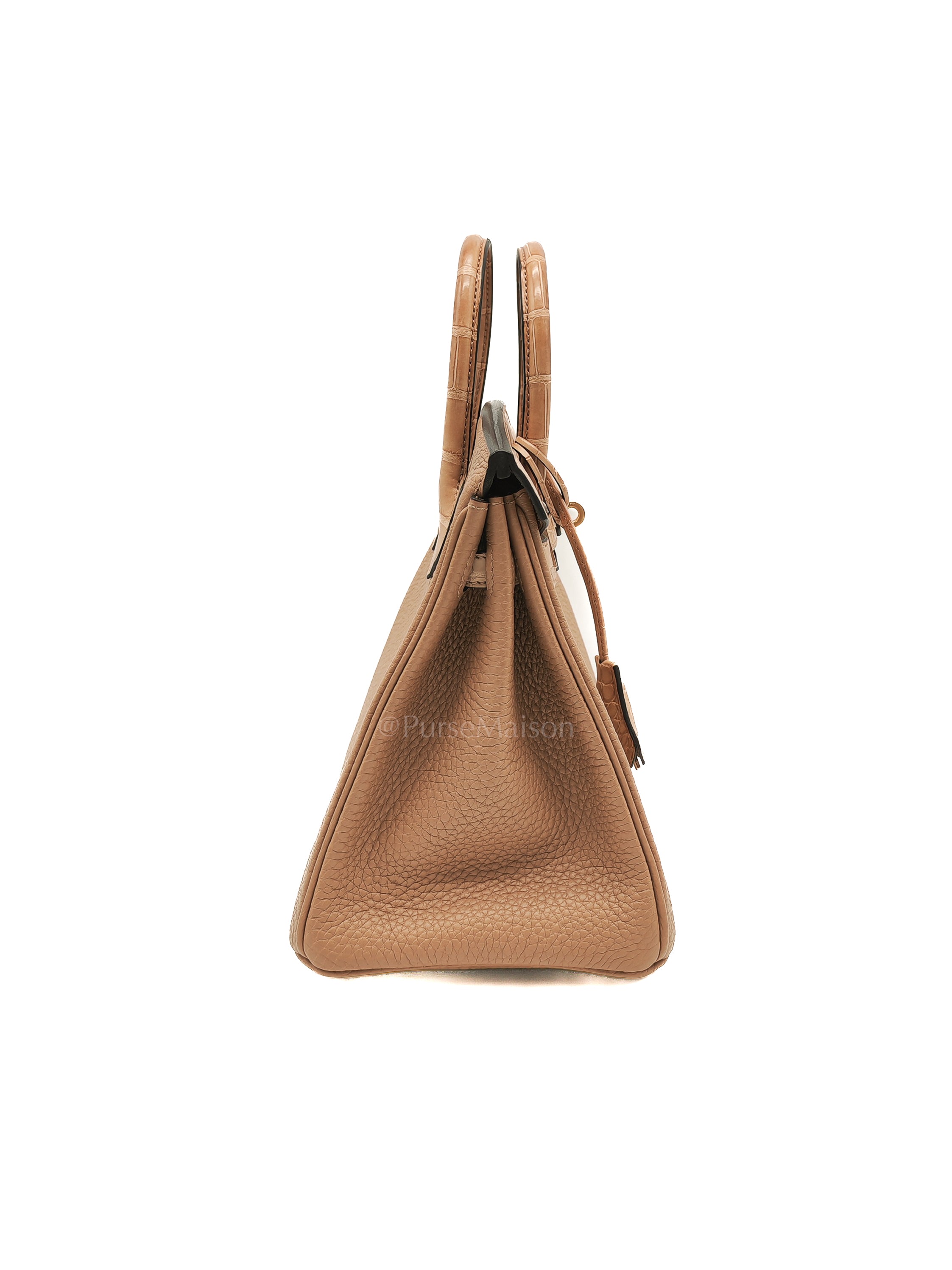 Birkin 25  Retourne Touch in Chai Togo and Alligator Leather in Permabrass Hardware Stamp U (2022)