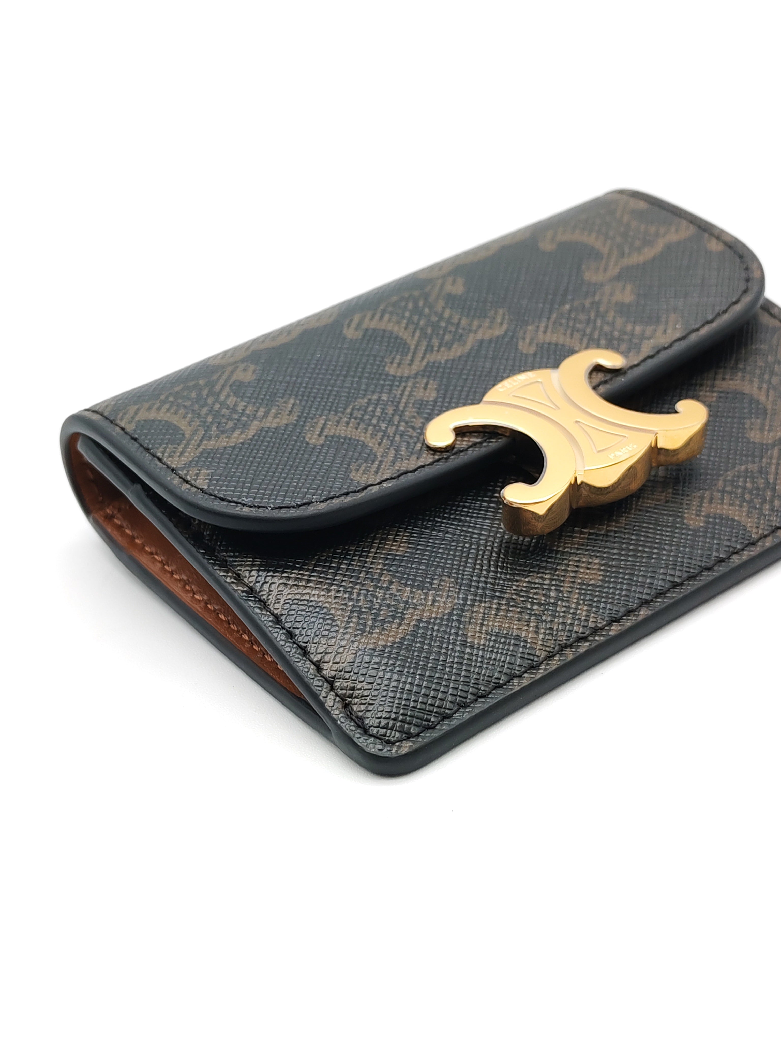 Triomphe Compact Wallet in Black & Gold Hardware
