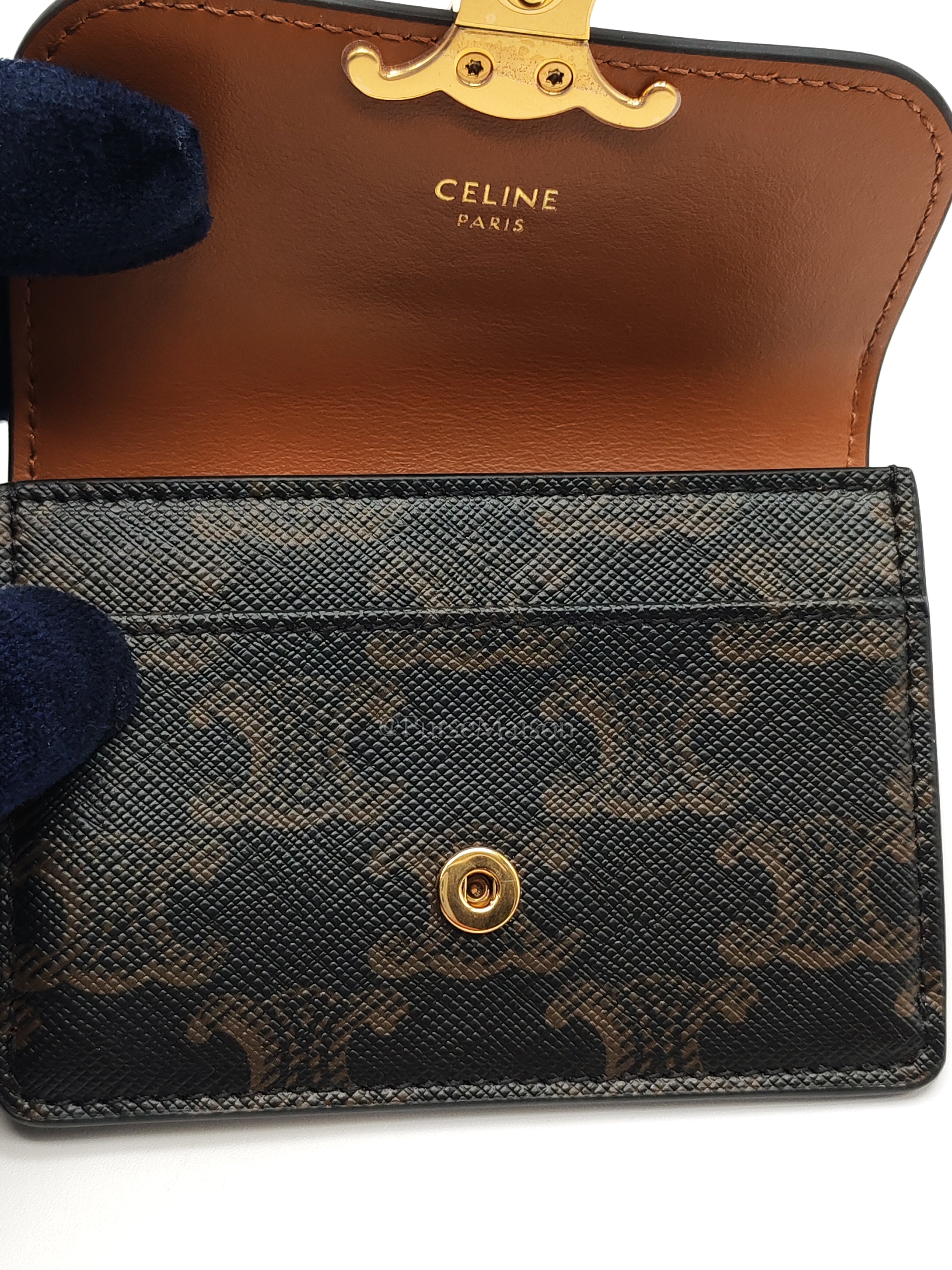 Triomphe Compact Wallet in Black & Gold Hardware