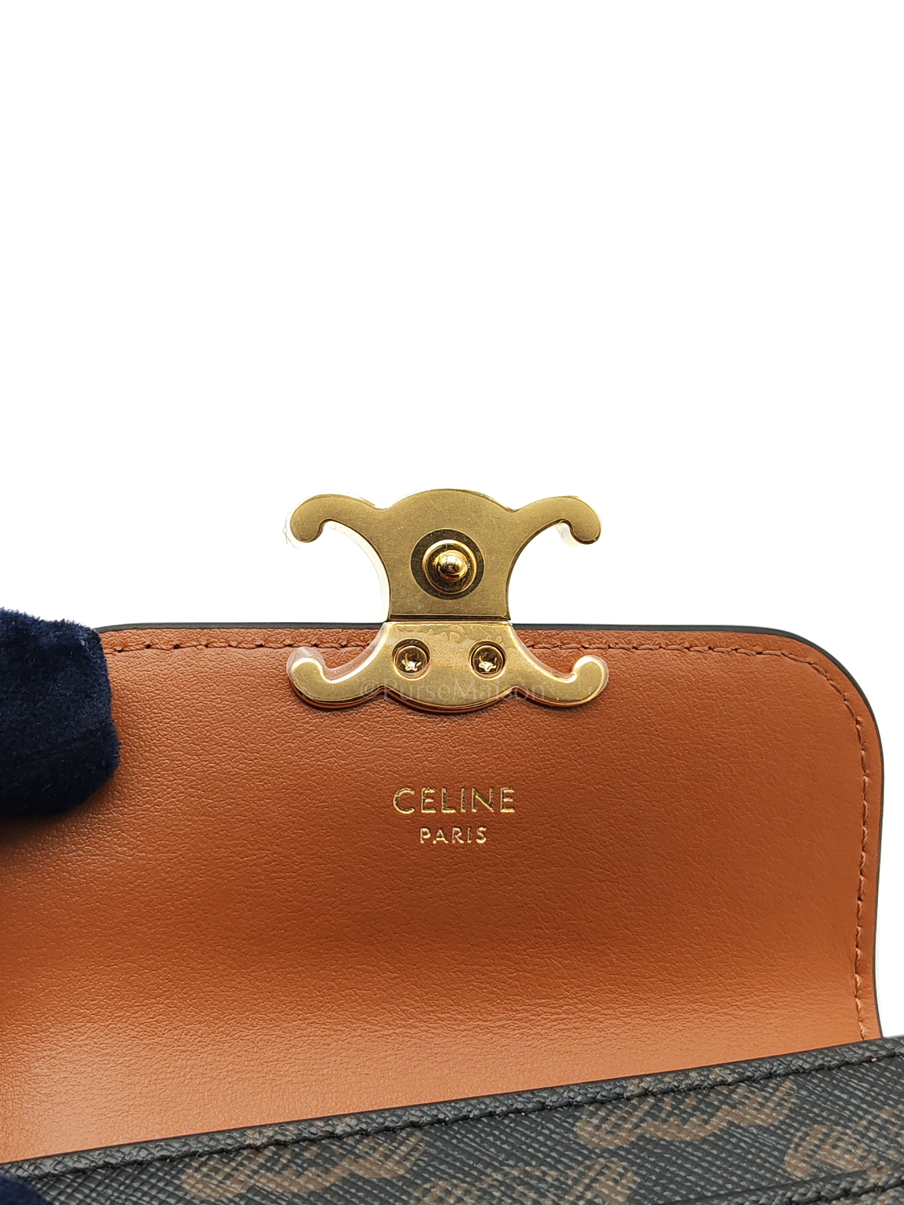 Triomphe Compact Wallet in Black & Gold Hardware