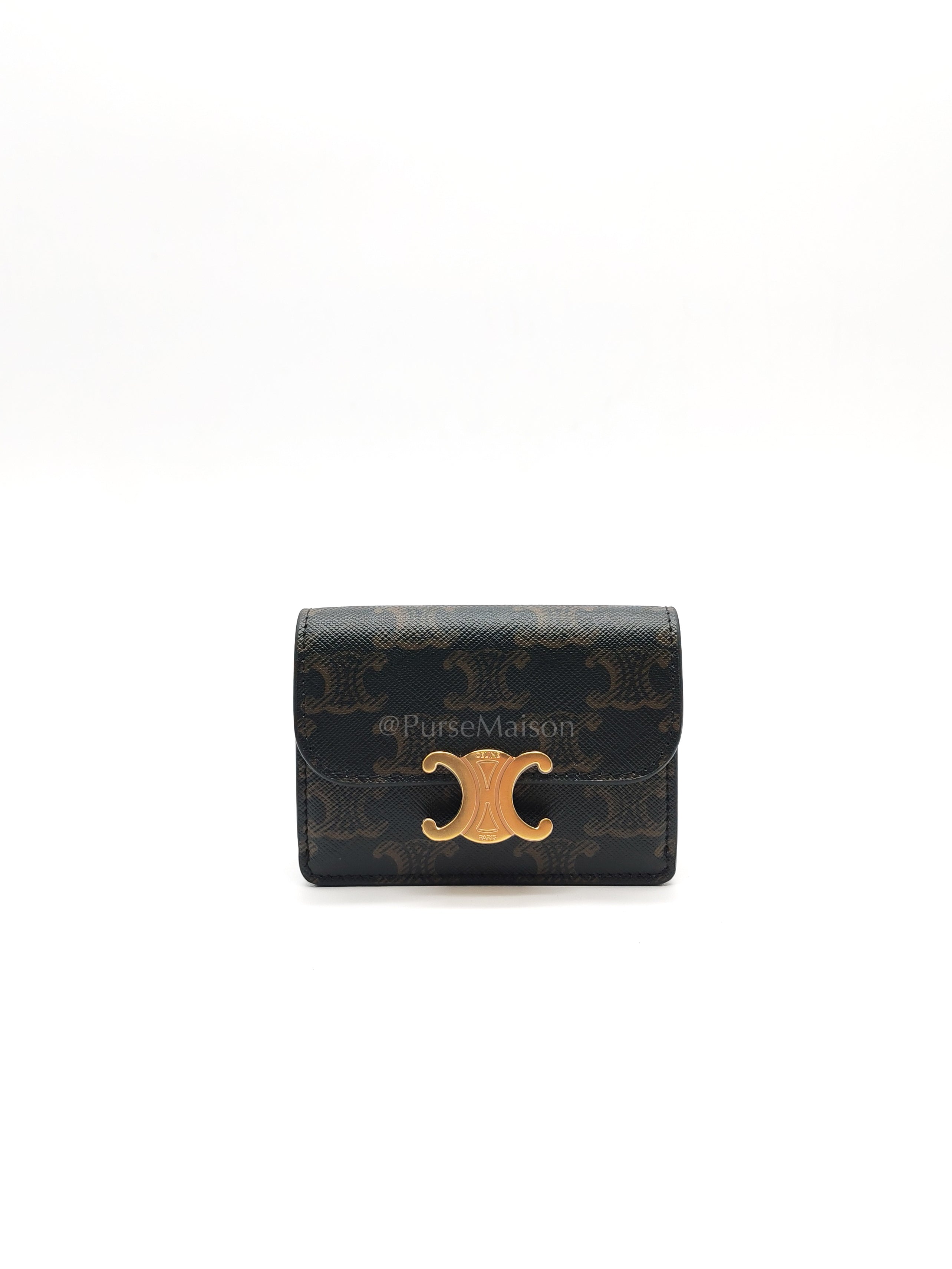 Triomphe Compact Wallet in Black & Gold Hardware