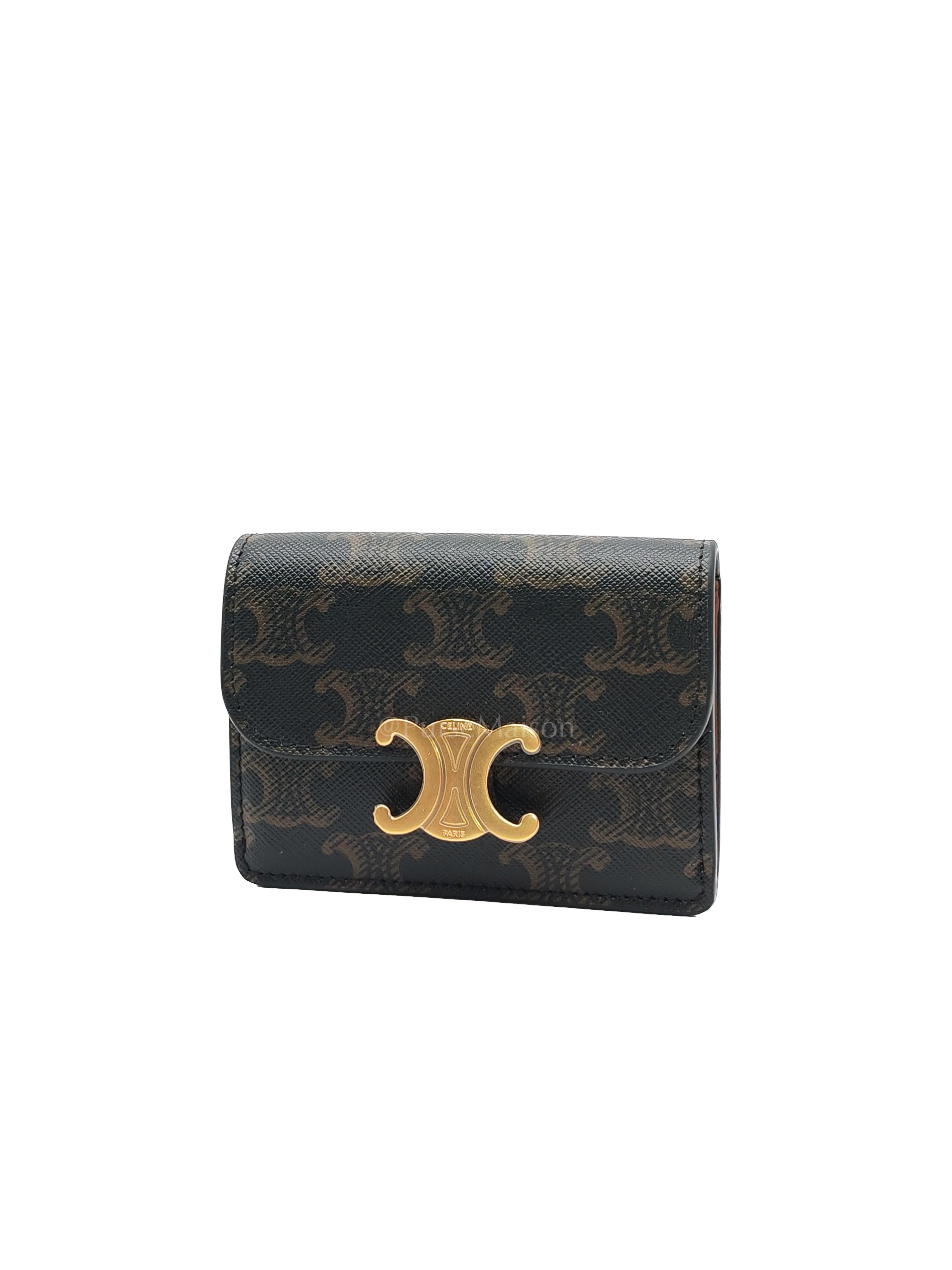 Triomphe Compact Wallet in Black & Gold Hardware