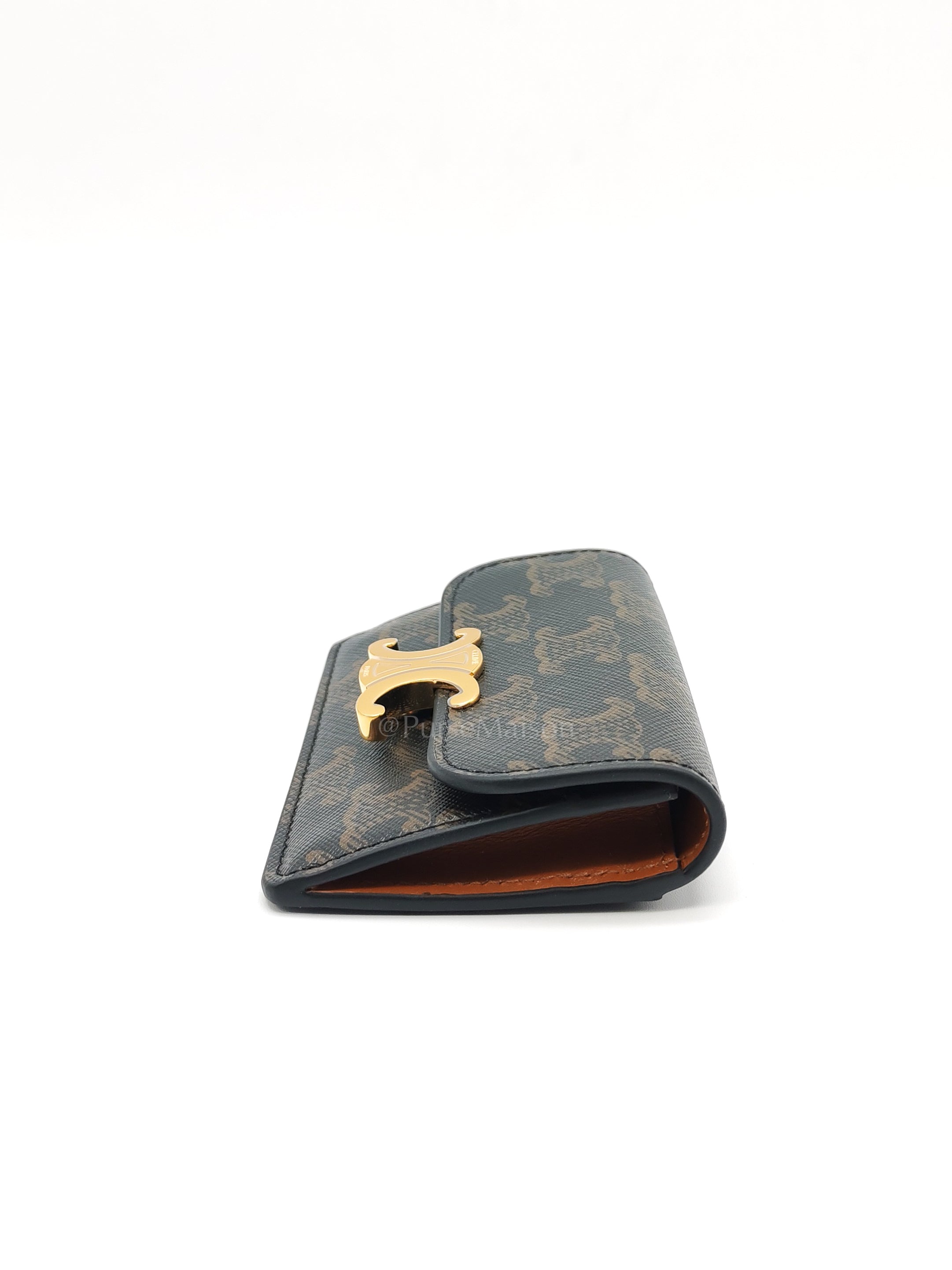 Triomphe Compact Wallet in Black & Gold Hardware