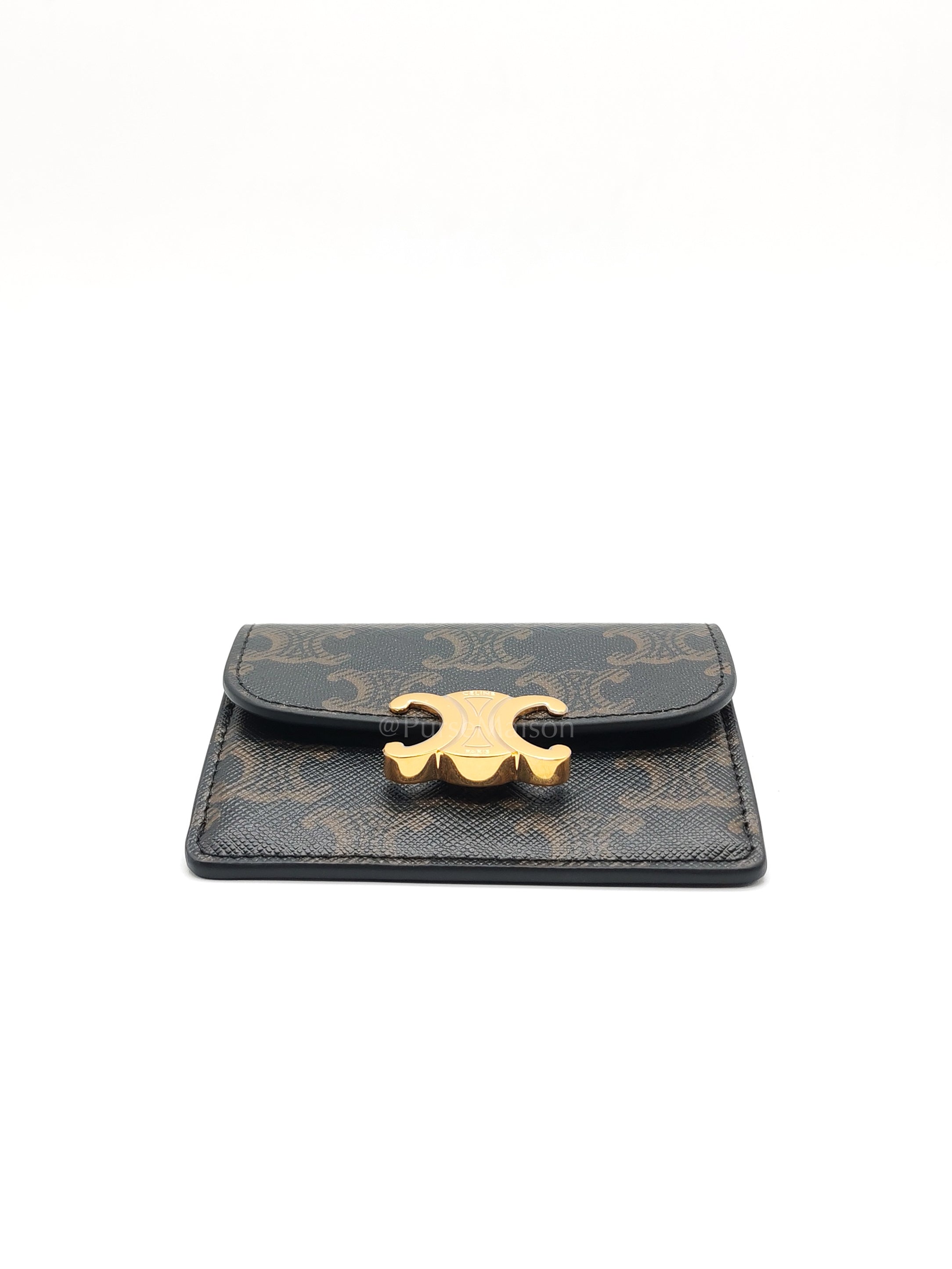 Triomphe Compact Wallet in Black & Gold Hardware