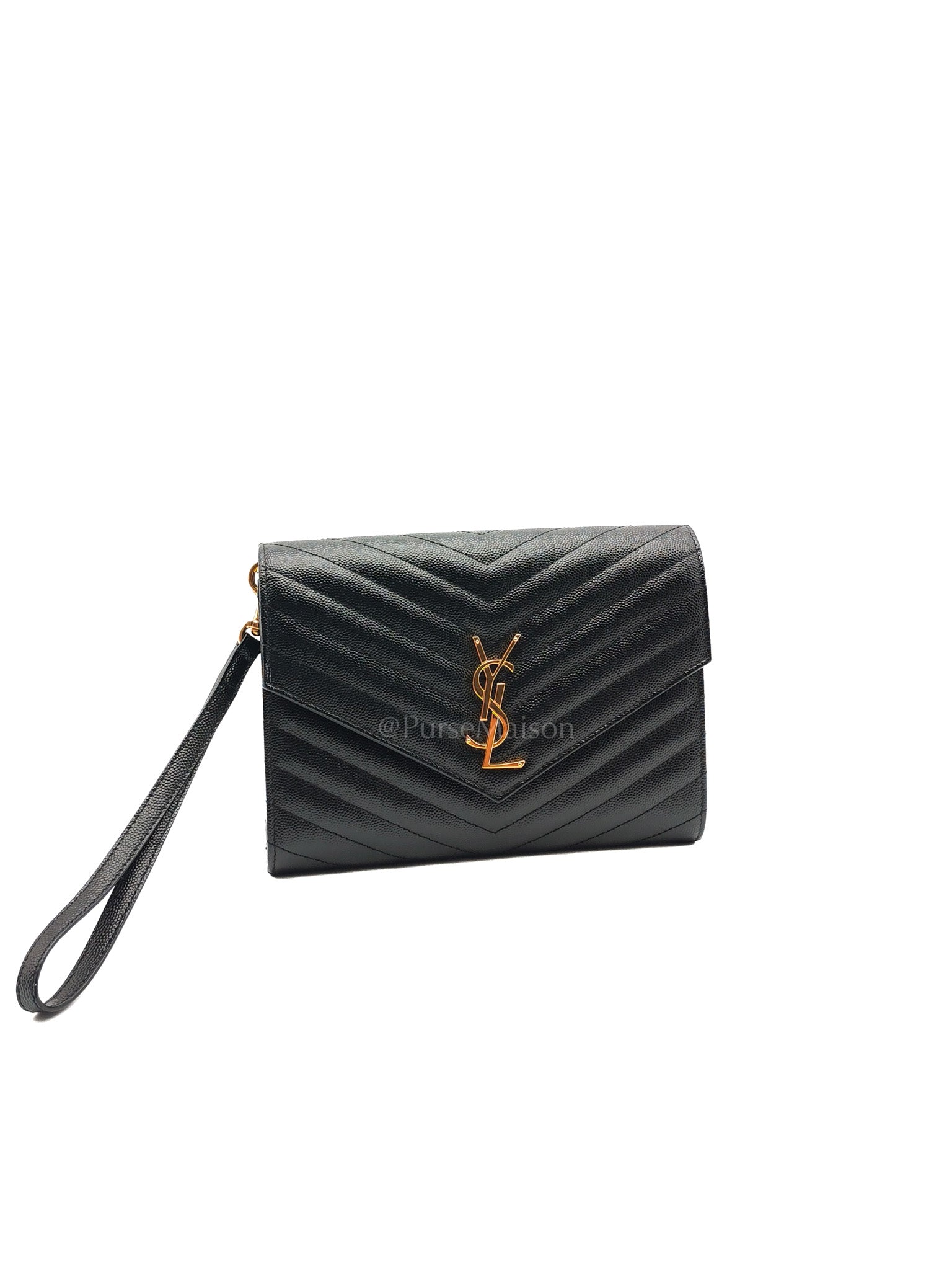 Cassandre Matelasse Flap Clutch in Black Grained Calfskin Leather Gold Hardware